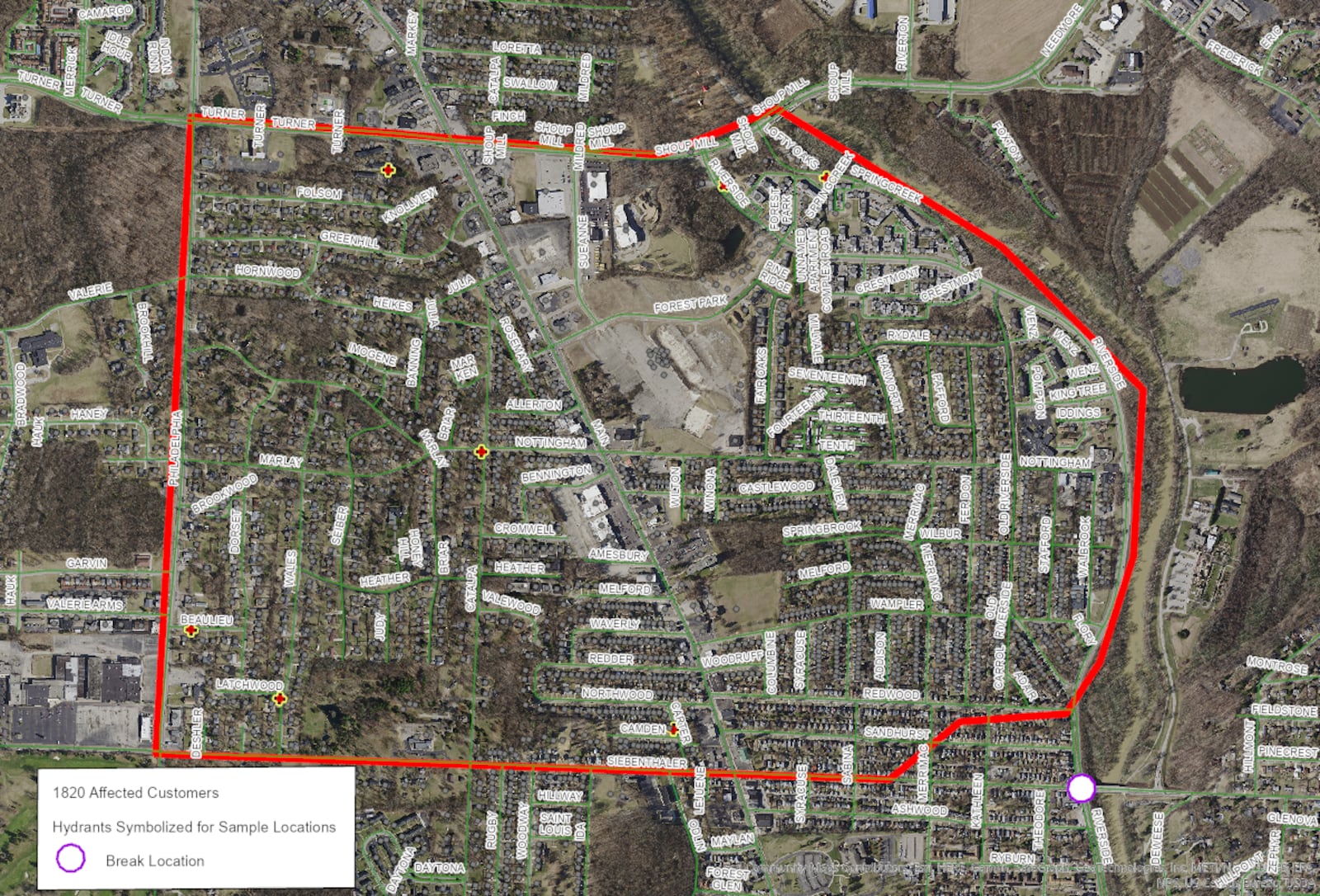 Residents within the red lines are under a Boil Advisory that was issued following a water main break on Wednesday, July 6, 2022. Image courtesy Montgomery County Environmental Services