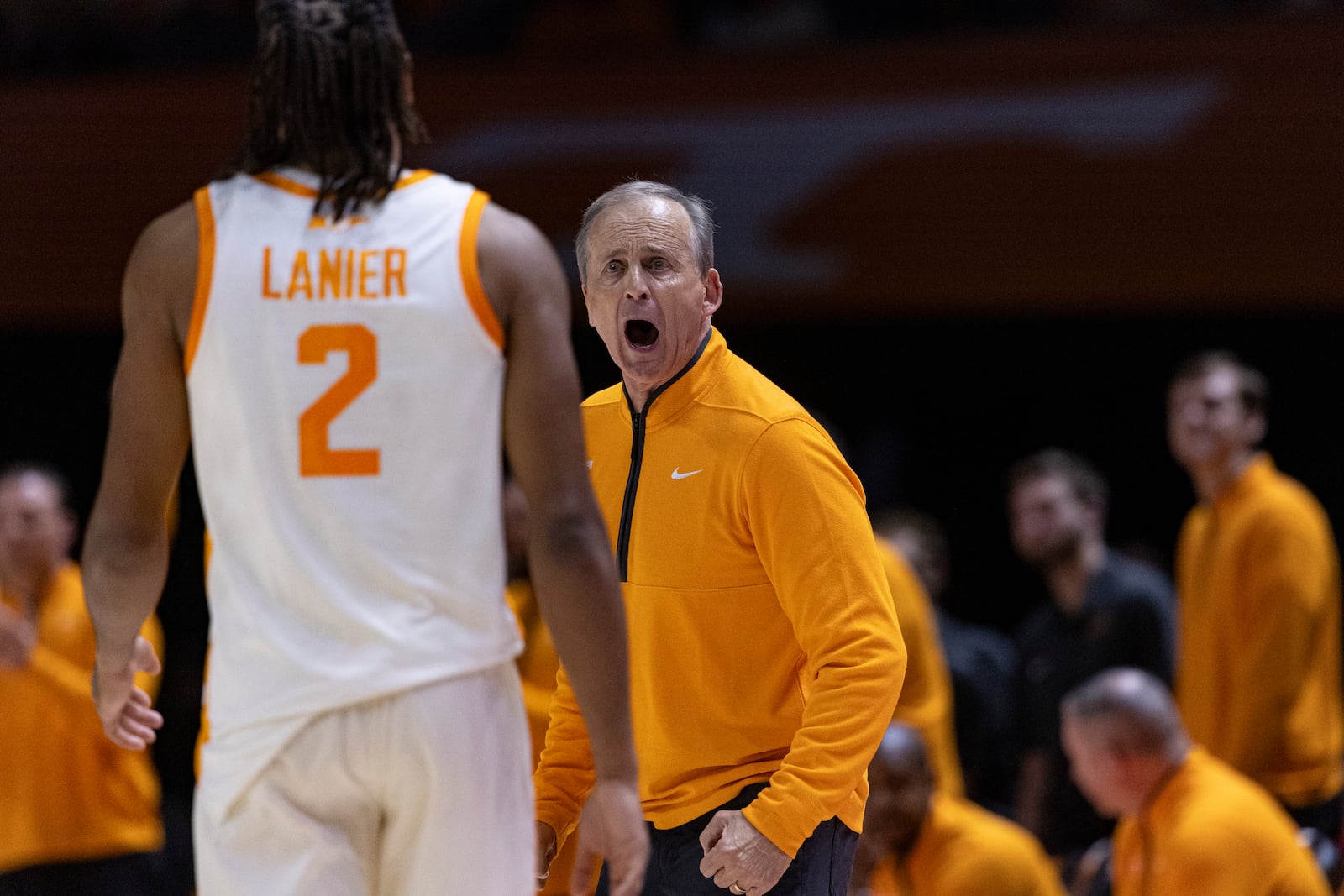 Tennessee head coach Rick Barnes yells at Chaz Lanier during the first half of an NCAA college basketball game against Arkansas, Saturday, Jan. 4, 2025, in Knoxville, Tenn. (AP Photo/Wade Payne)