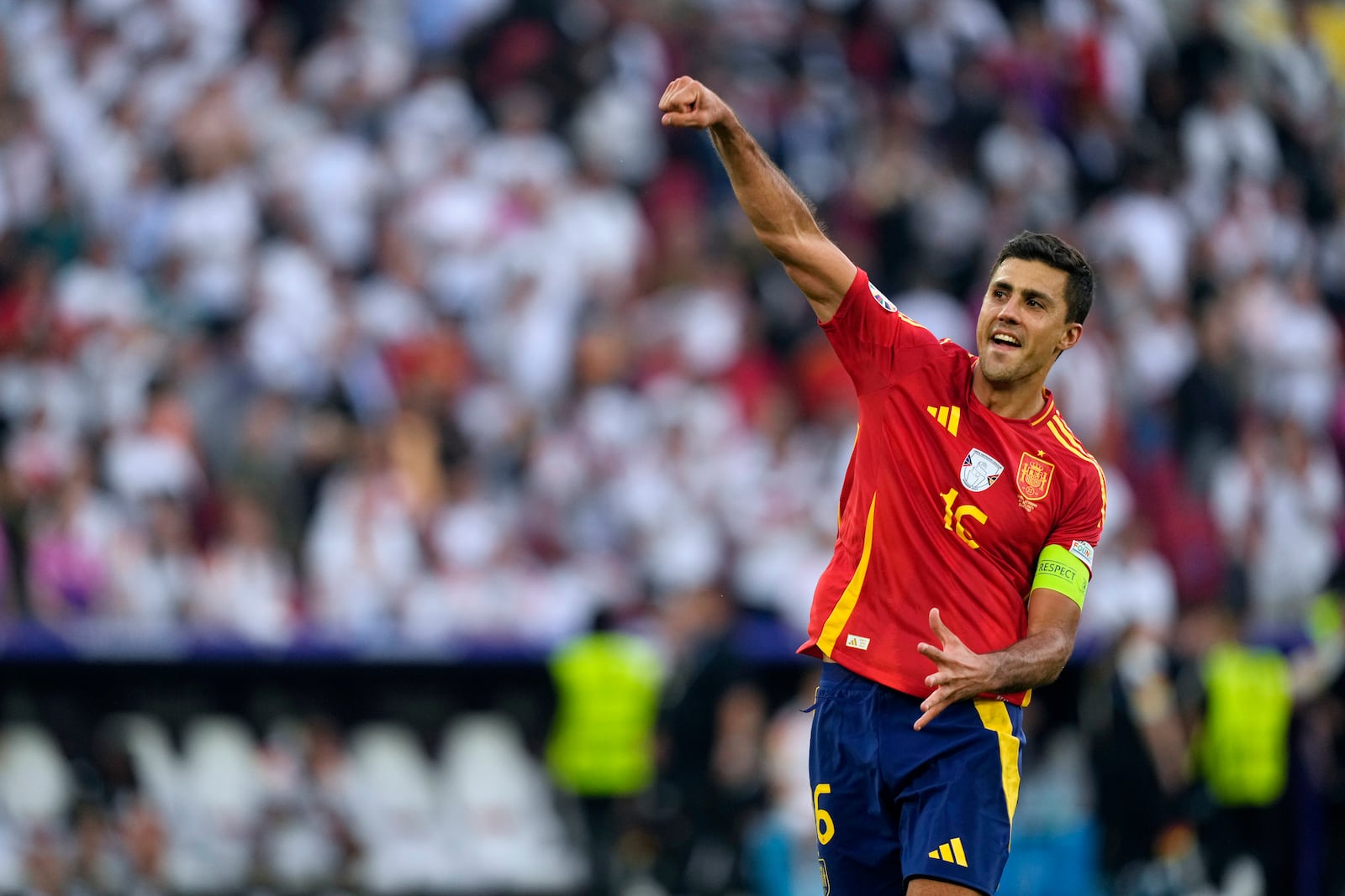 FILE - Spain's Rodri celebrates after a quarterfinal match between Germany and Spain at the Euro 2024 soccer tournament in Stuttgart, Germany, Friday, July 5, 2024. (AP Photo/Antonio Calanni, File)