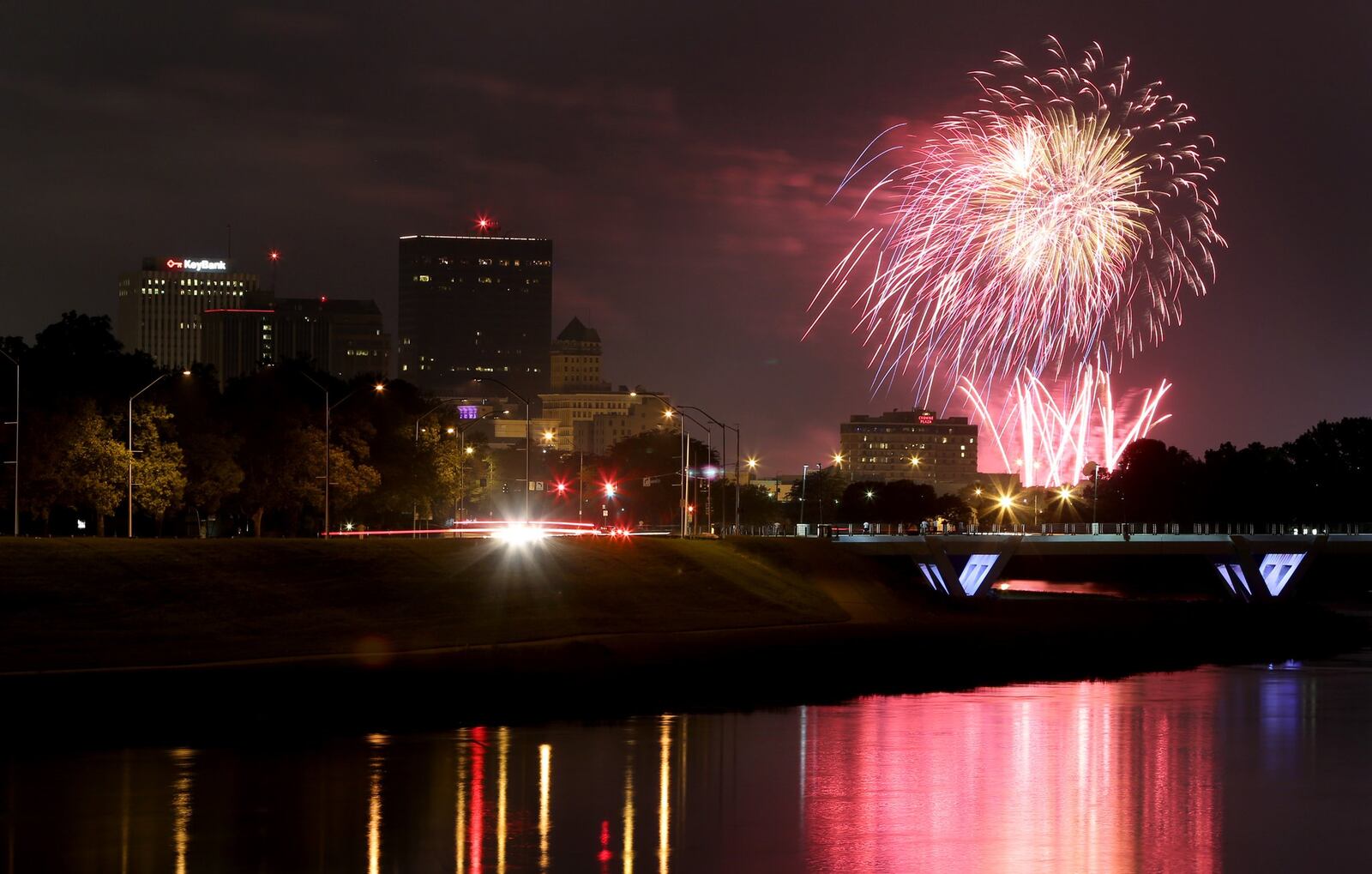 Fireworks burst over the City of Dayton during the Lights In       Flight Fireworks Festival downtown at RiverScape MetroPark in       2015. LISA POWELL / STAFF