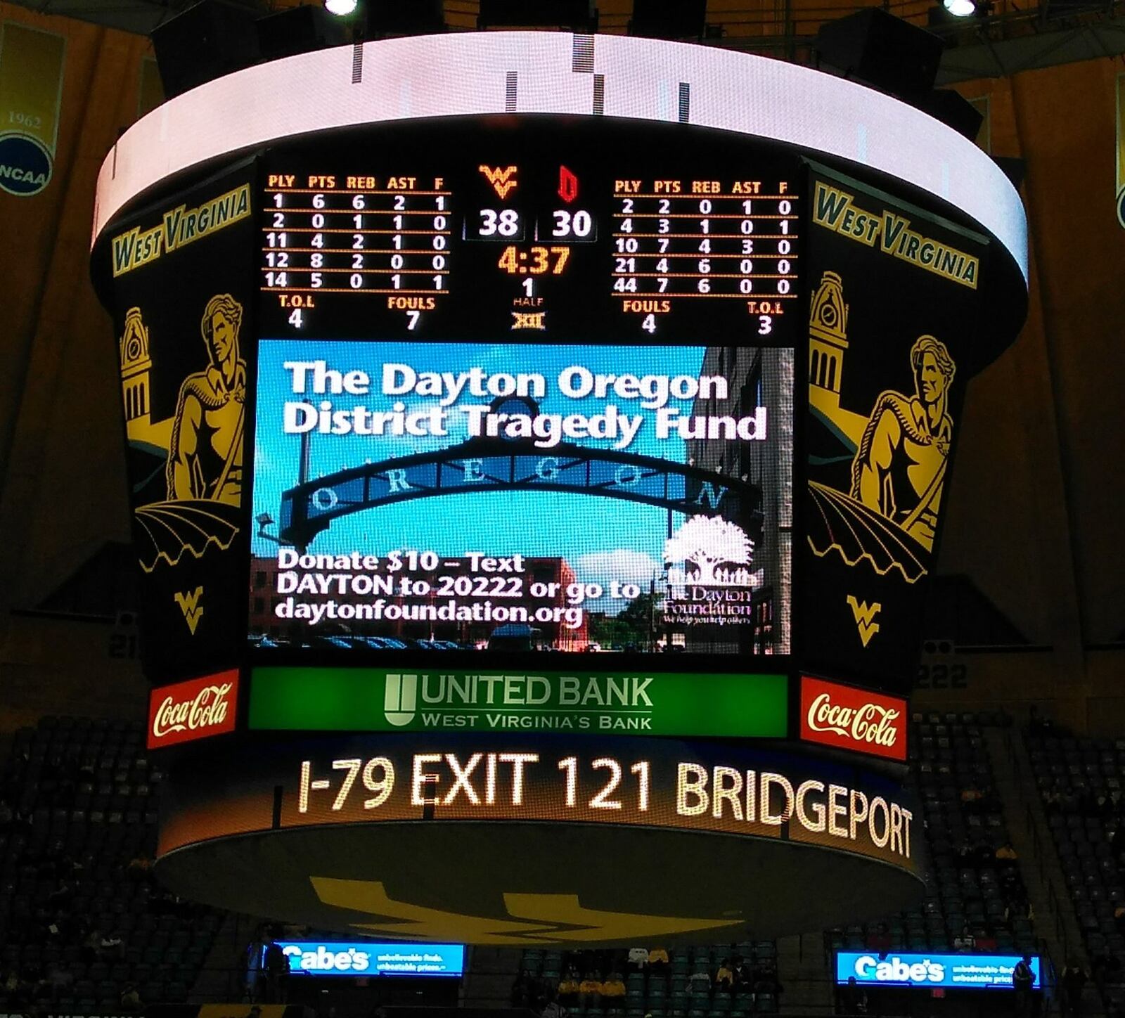 Public service announcements on how to donate to the Oregon District Tragedy Fund ran throughout Friday’s West Virginia-Duquense game at the WVU Coliseum in Morgantown. CONTRIBUTED