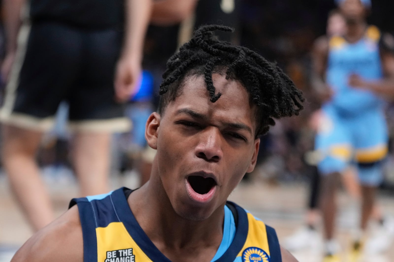 Marquette's Damarius Owens reacts after making a shot and being fouled during the first half of an NCAA college basketball game Tuesday, Nov. 19, 2024, in Milwaukee. (AP Photo/Morry Gash)