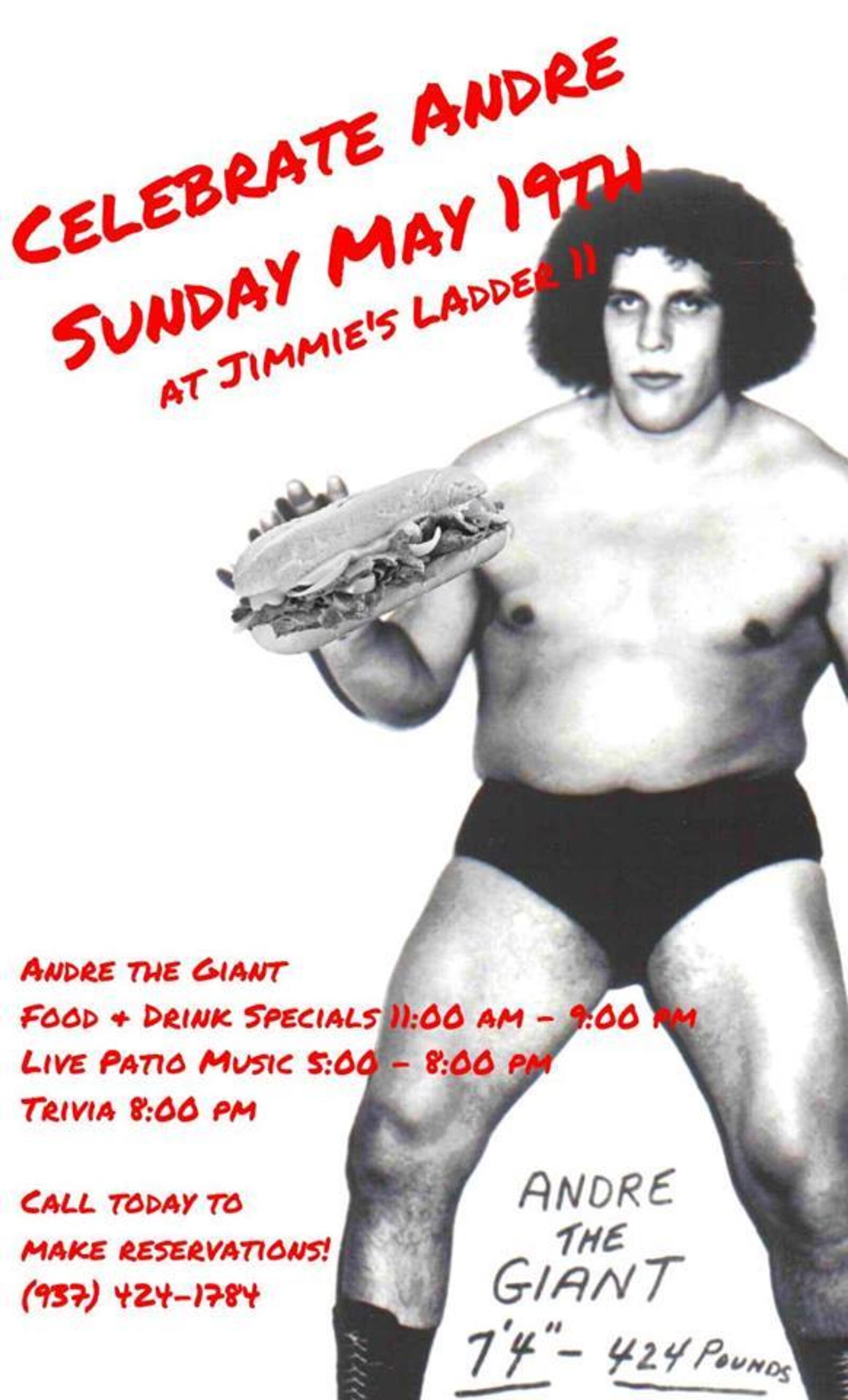 Event flyer for Jimmie's Ladder 11's Andre the Giant birthday celebration.