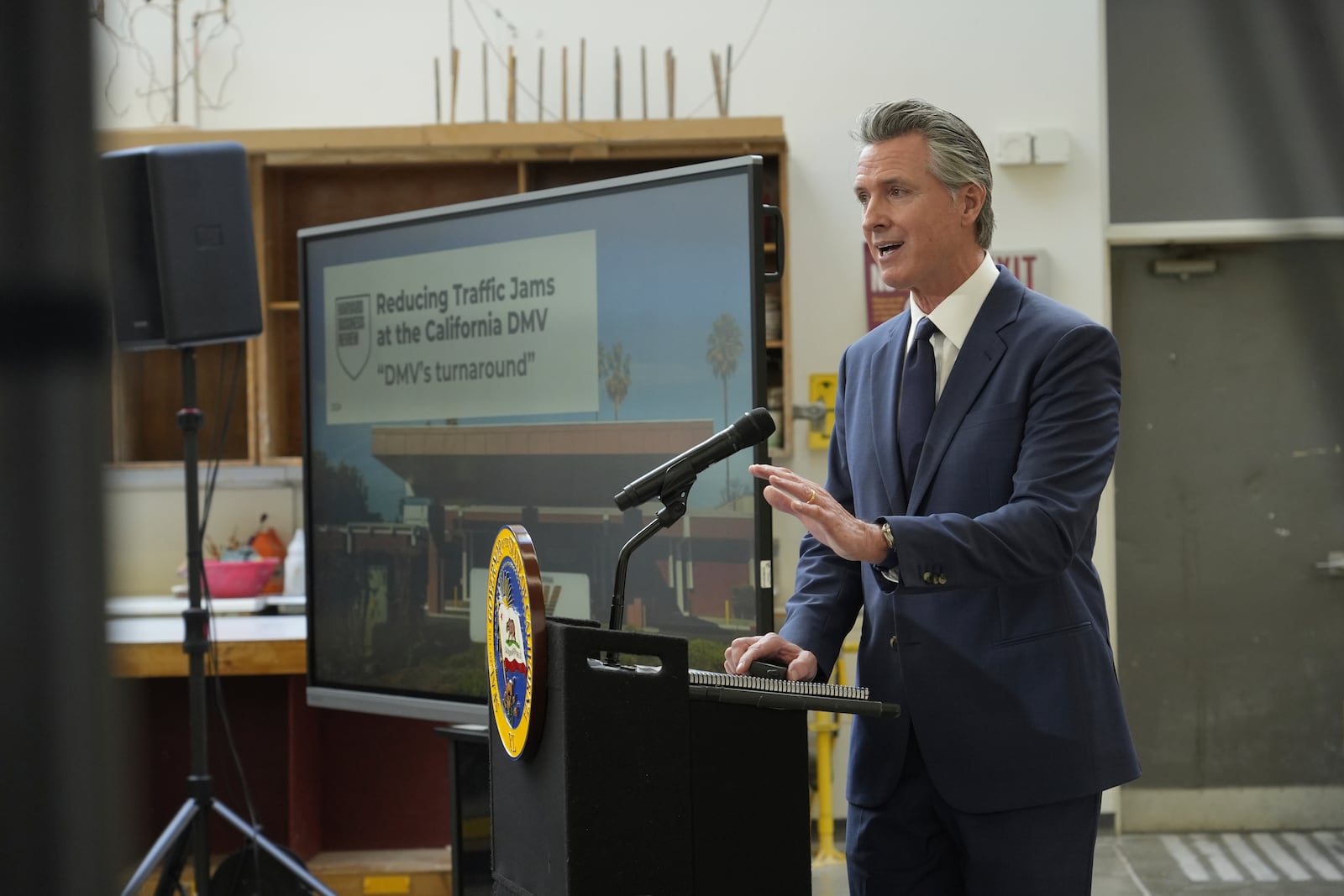 California Gov. Gavin Newsom outlines his proposed 2025-2026 $322 billion state budget during a news conference at California State University, Stanislaus in Turlock, Calif., Monday, Jan. 6, 2025. (AP Photo/Rich Pedroncelli)