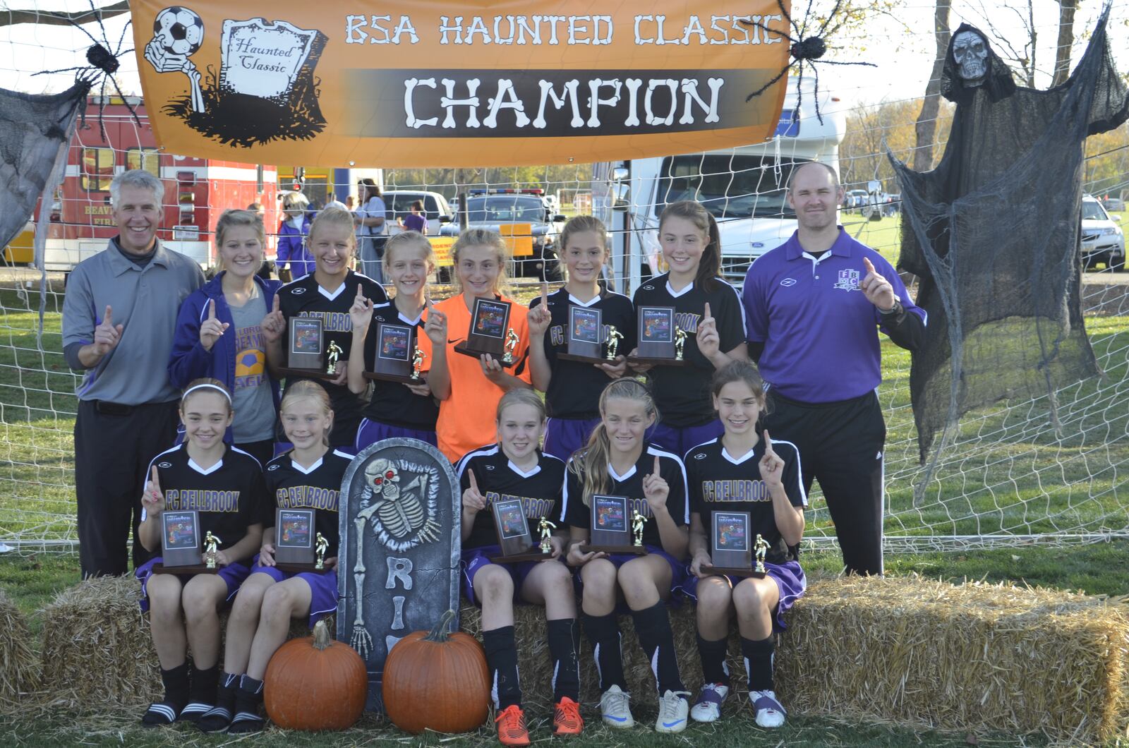 The FC Bellbrook Eagles U 12 Girls Team walked away with the Championship trophy for the U 12 Girls Black Division in 2012. The team emerged from the tournament with a 3-0-1 record, after giving up only 1 goal in 4 matches. The team includes: (front row, l-r) Emma Young, Caitlin Erlandson, Brooke Tincher, Dani Westbrock, and Kalli Kramer; (second row), Asst. Coach Brian Hennen, Trainer Tayna Hennen, Eve Thorner, Cassi Hennen, Rielly Coolidge, Sara Rogers, and Olivia Greathouse.