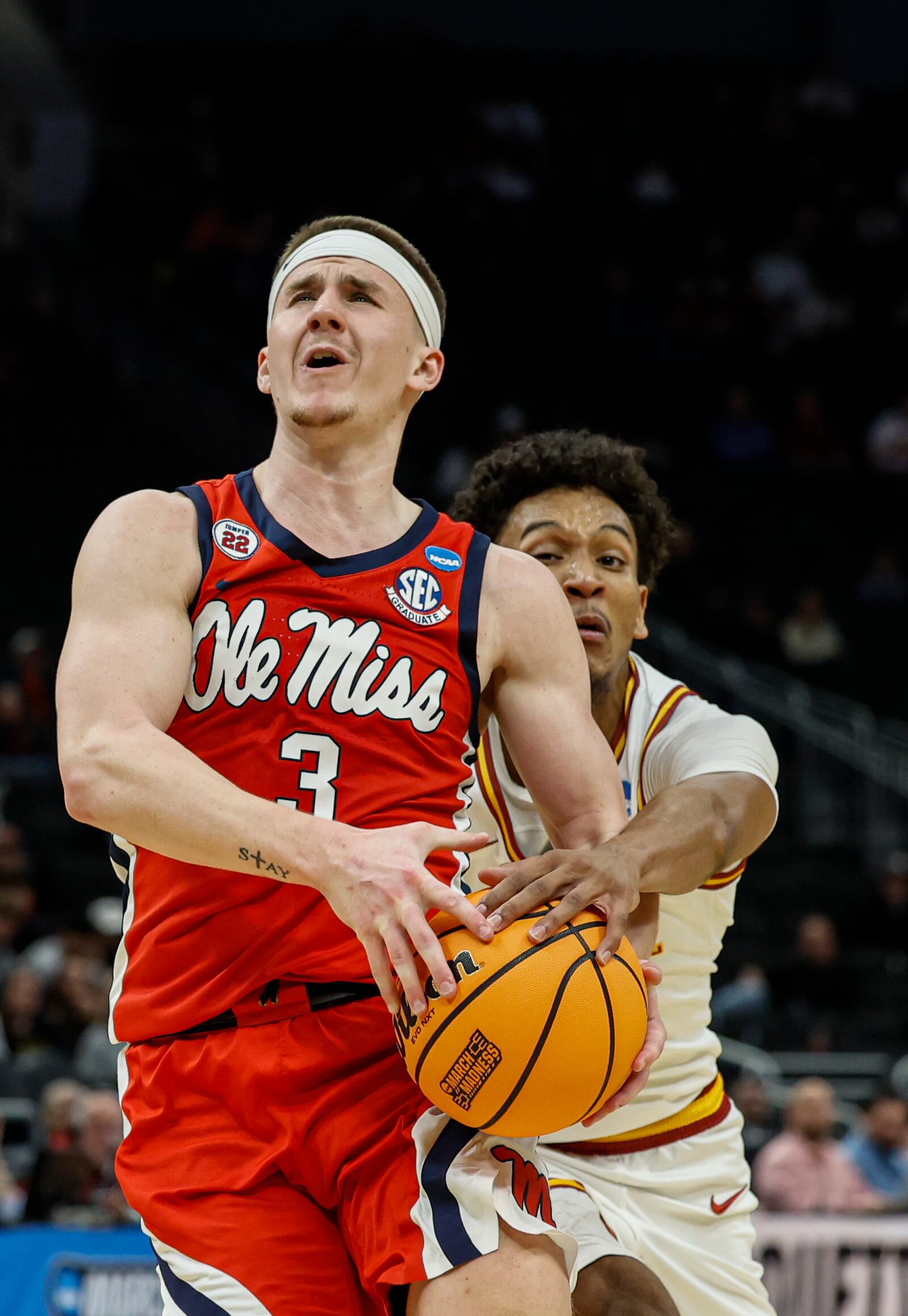 Mississippi guard Sean Pedulla (3) drives against Iowa State during the second half in the second round of the NCAA college basketball tournament Sunday, March 23, 2025, in Milwaukee. (AP Photo/Jeffrey Phelps)