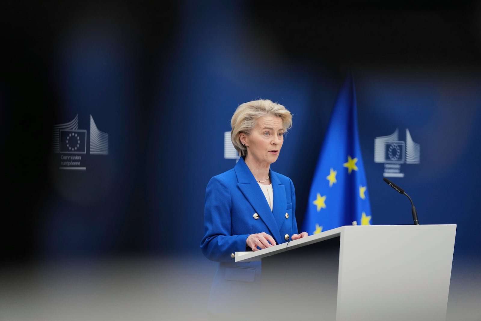 European Commission President Ursula von der Leyen speaks during a media conference on the defense package at EU headquarters in Brussels, Tuesday, March 4, 2025. (AP Photo/Virginia Mayo)