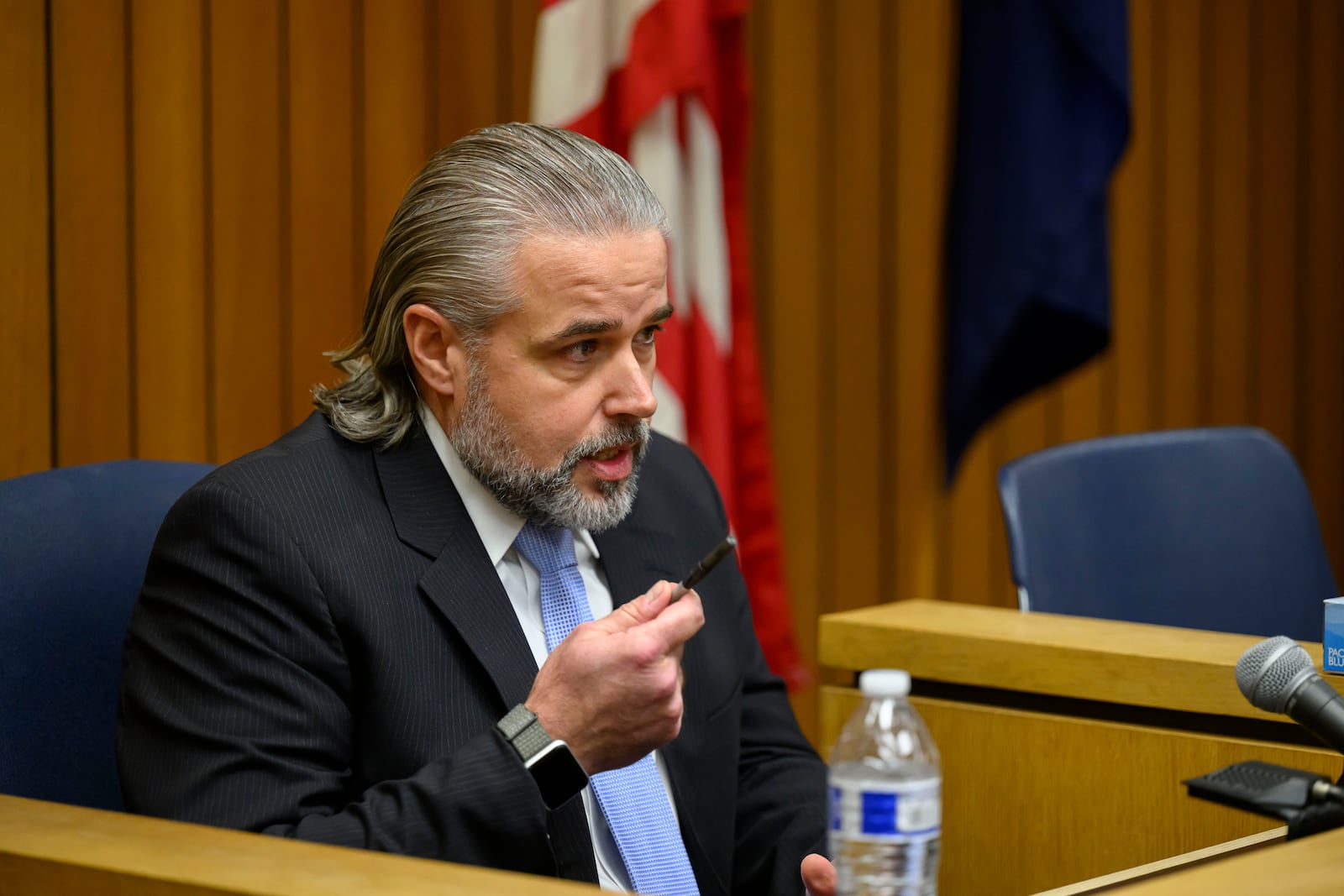 Michigan State Police lieutenant Jeremy Brewer gives testimony during a hearing by Tayna Zuvers to have her sons Andrew, Alexander, and Tanner Skelton be officially declared deceased, at Lenawee County probate court, in Adrian, Mich., March 3, 2025. (David Guralnick/Detroit News via AP)