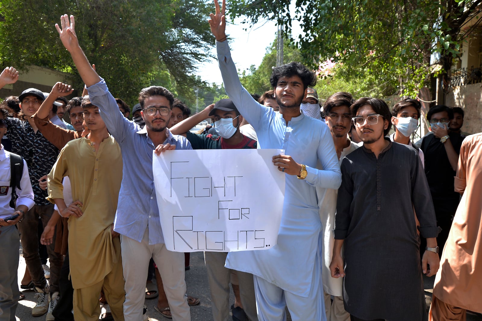 Students chant slogans over an alleged on-campus rape in Punjab, during a protest in Hyderabad, Pakistan, Thursday, Oct. 17, 2024. (AP Photo/Pervez Mash)