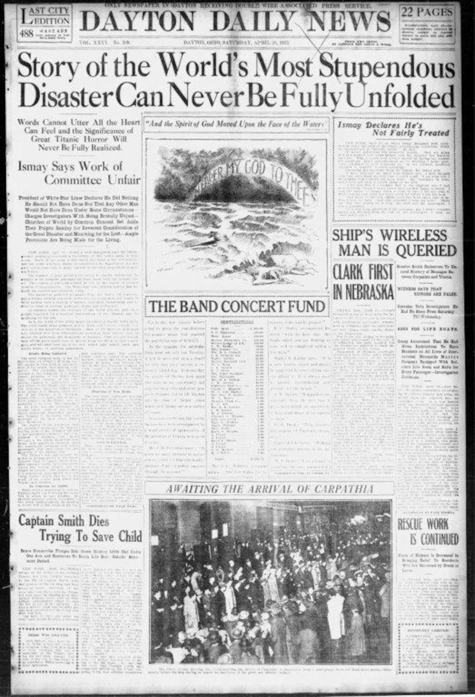 Dayton Daily News front page from April 20, 1912 covering the Titanic sinking.