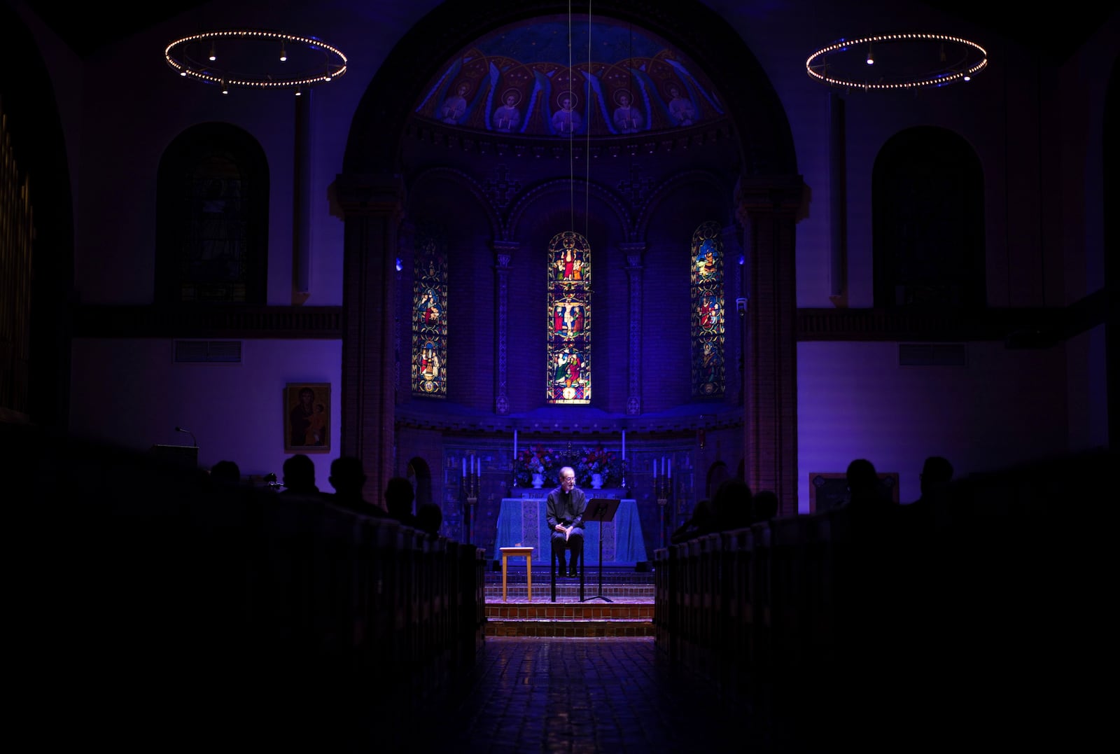 The Rev. David Peck, rector of St. James Episcopal Church, leads a "Contemplative Citizenship" service in Lancaster, Pa., on Tuesday, Oct. 15, 2024. (AP Photo/Jessie Wardarski)