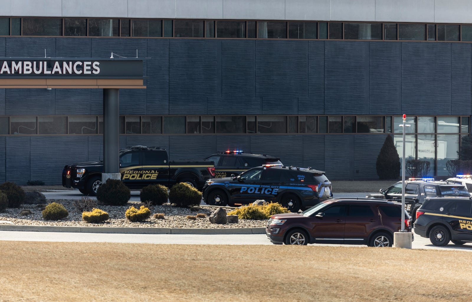 Law enforcement respond to the scene of a shooting at UPMC Memorial Hospital in York, Pa. on Saturday, Feb. 22, 2025. (Sean Simmers /The Patriot-News via AP)