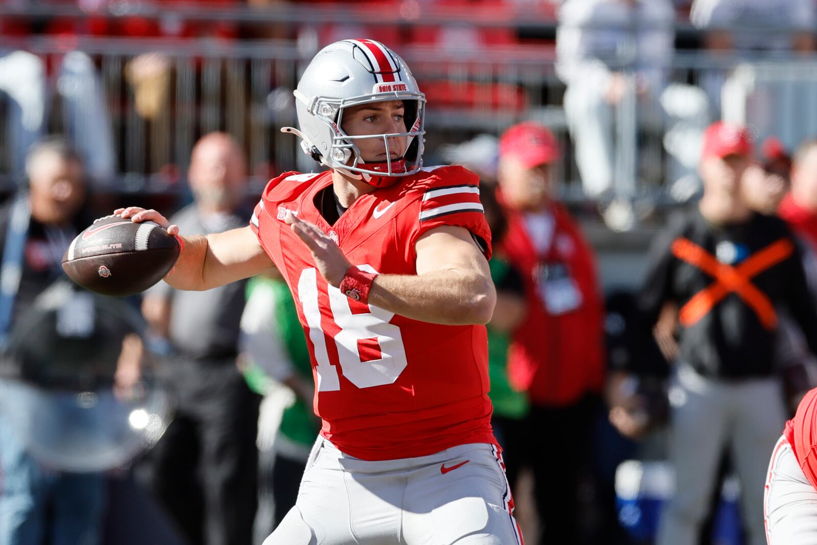 Ohio State quarterback Will Howard throws a pass against Nebraska during the second half of an NCAA college football game Saturday, Oct. 26, 2024, in Columbus, Ohio. (AP Photo/Jay LaPrete)