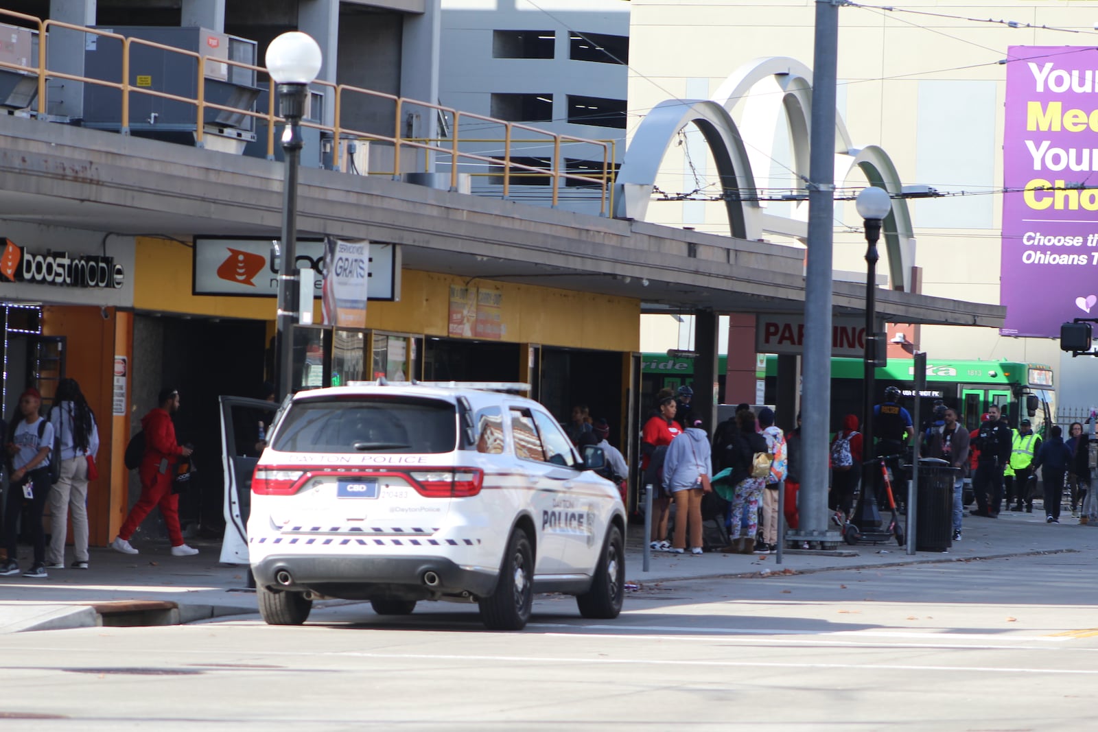 A Dayton police vehicle parked on South Jefferson Street, near Wright Stop Plaza, the downtown transit center. CORNELIUS FROLIK / STAFF