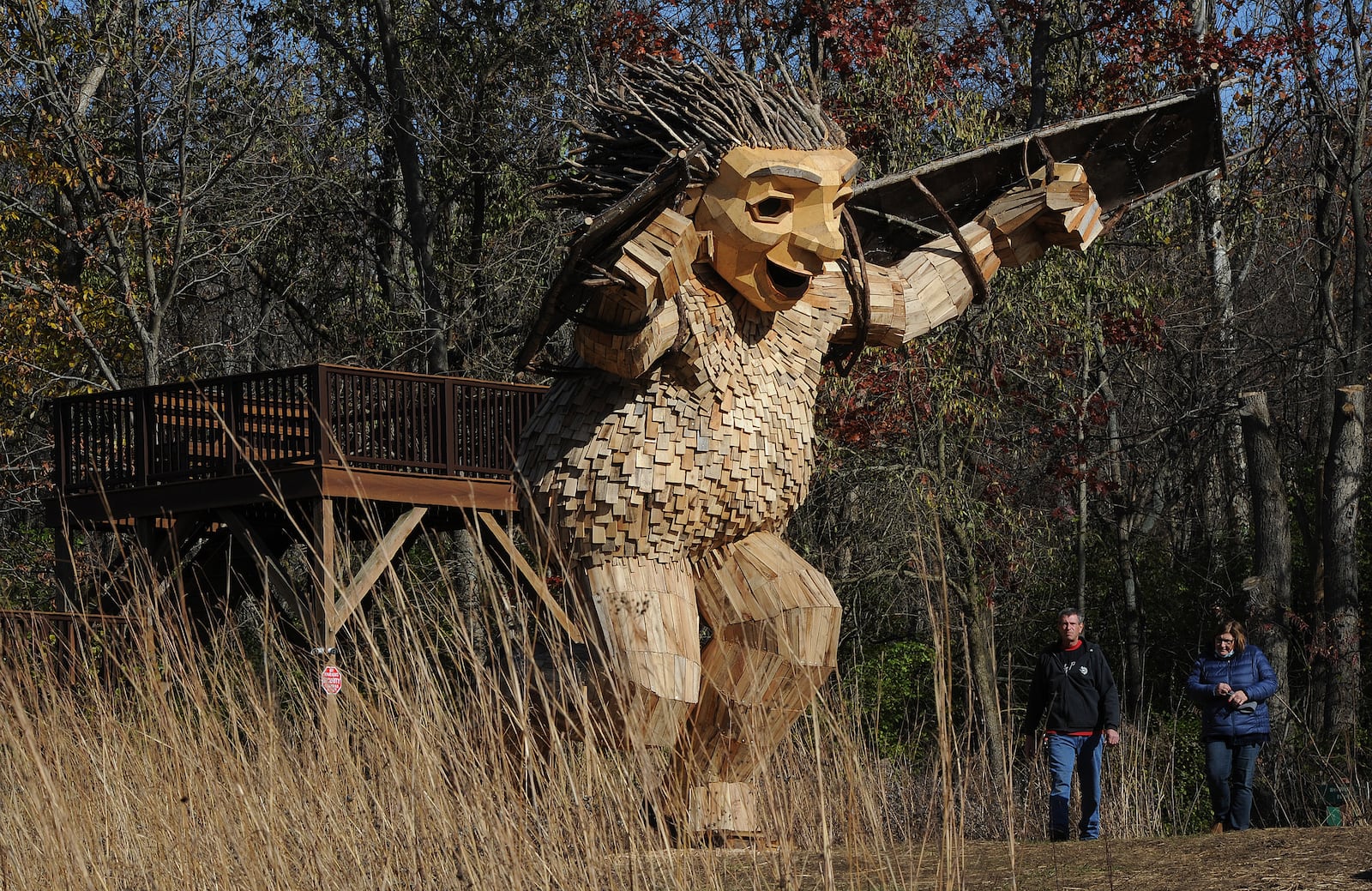 Artist Thomas Dambo debuts a new troll exhibit at the Aullwood Audubon. The trolls Bo, Bodil and Bibbi and their troll-sized nest have found their home in Dayton. "The Troll That Hatched an Egg" is one of only nine Dambo-created exhibitions in the United States and Puerto Rico. MARSHALL GORBY\STAFF