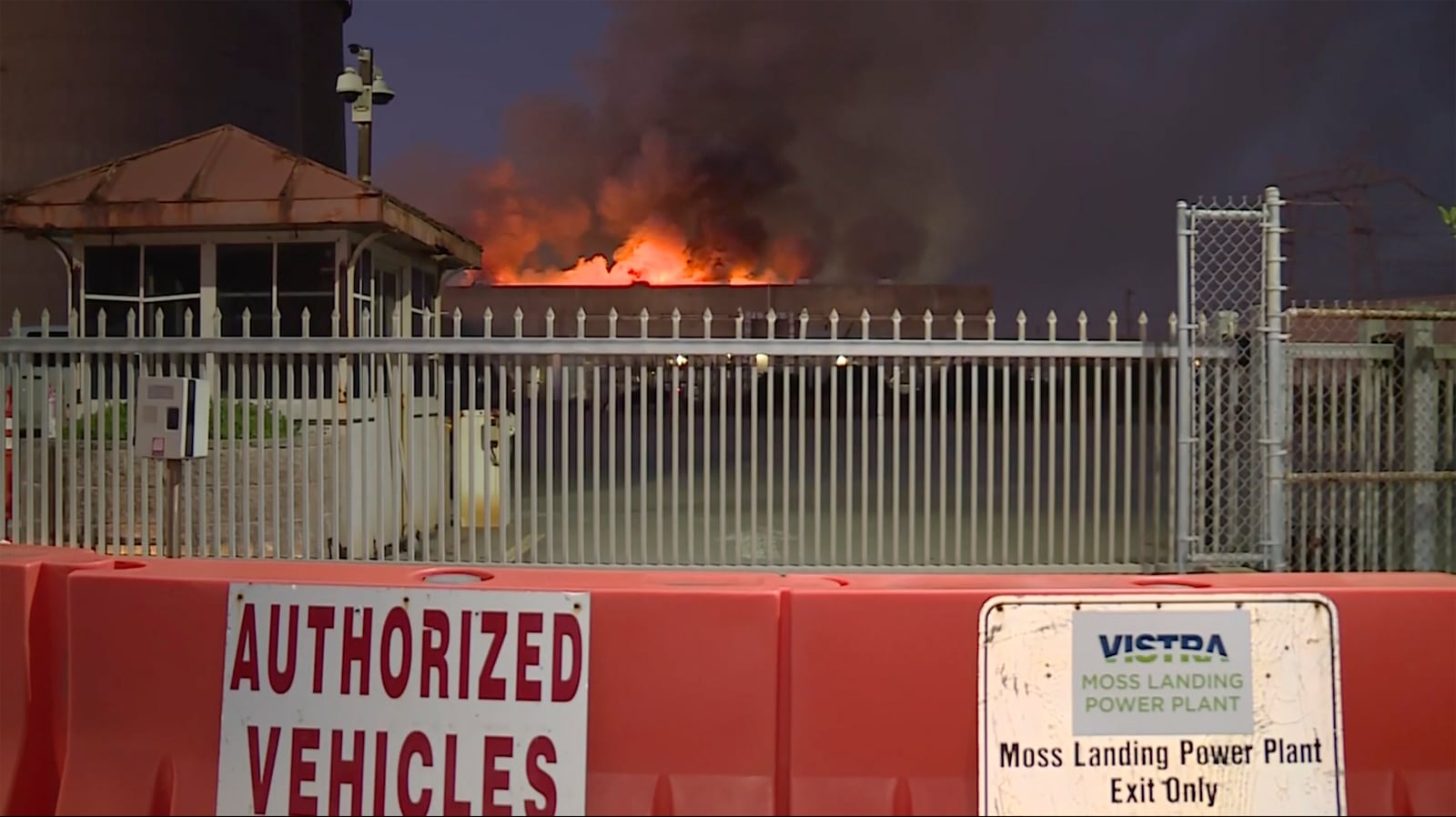 A fire burns at Moss Landing Battery Plant late Thursday, Jan. 16, 2025 in Moss Landing, Calif. (KSBW via AP)