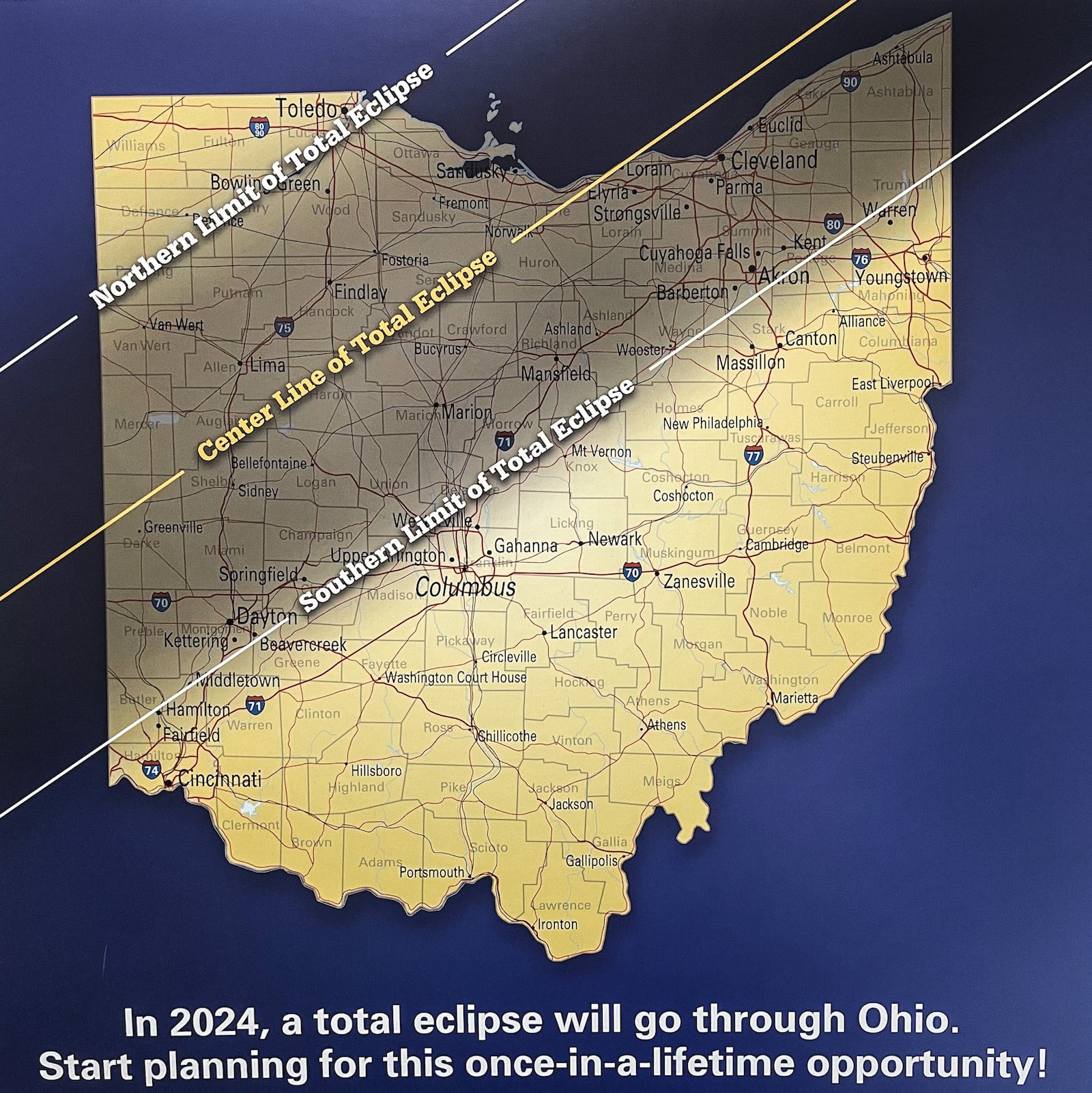 This visual aid was used at the press conference to show the exact position of the April 8 solar eclipse. State agencies are urging preparation ahead of solar eclipse. JIM NOELKER/STAFF