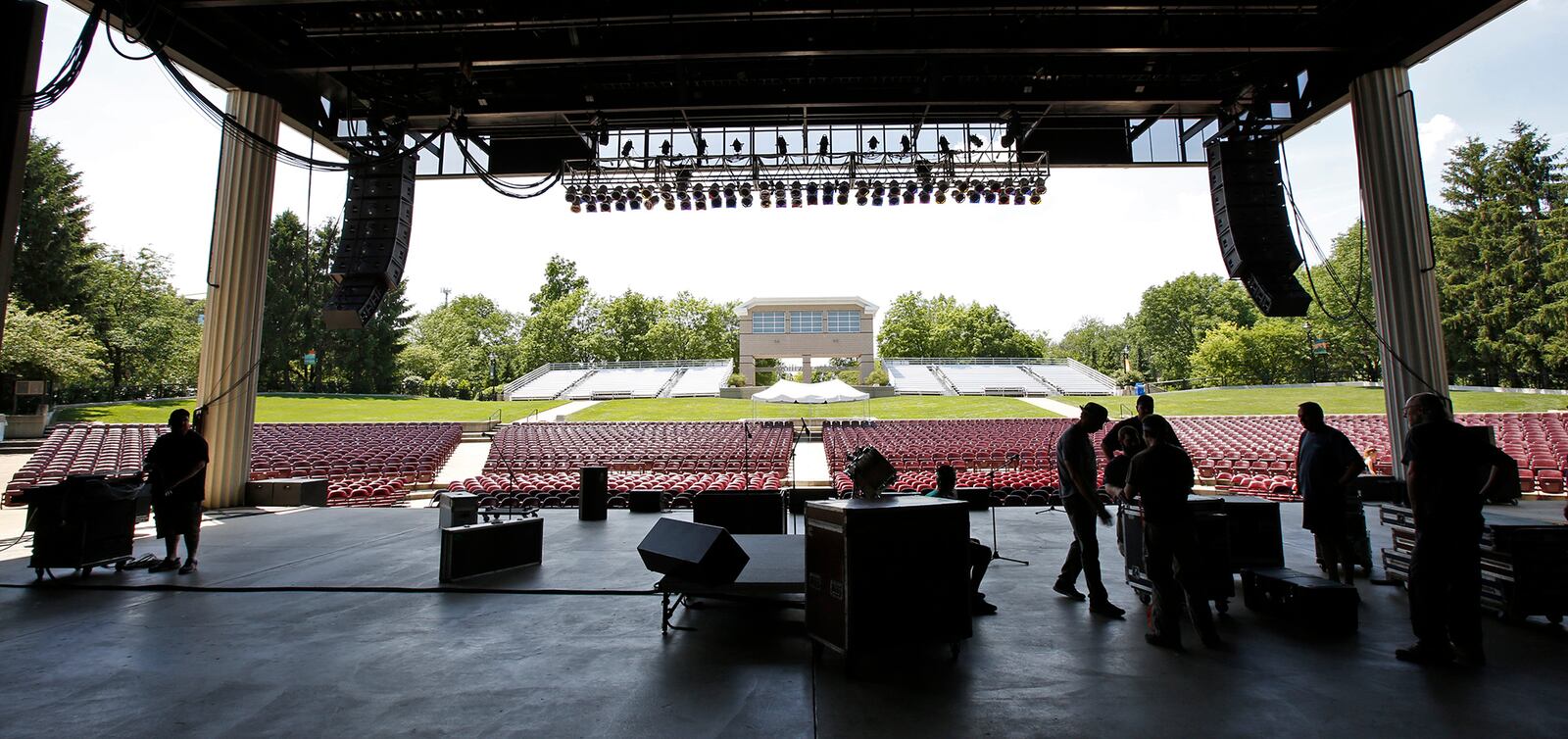 A view from the stage at  Fraze Pavilioin which was completed in 1991.  Hundreds of artists from Abba to ZZ Top have played at the amphitheater which cost $2.7 million to construct in Kettering's Lincoln Park.   TY GREENLEES / STAFF