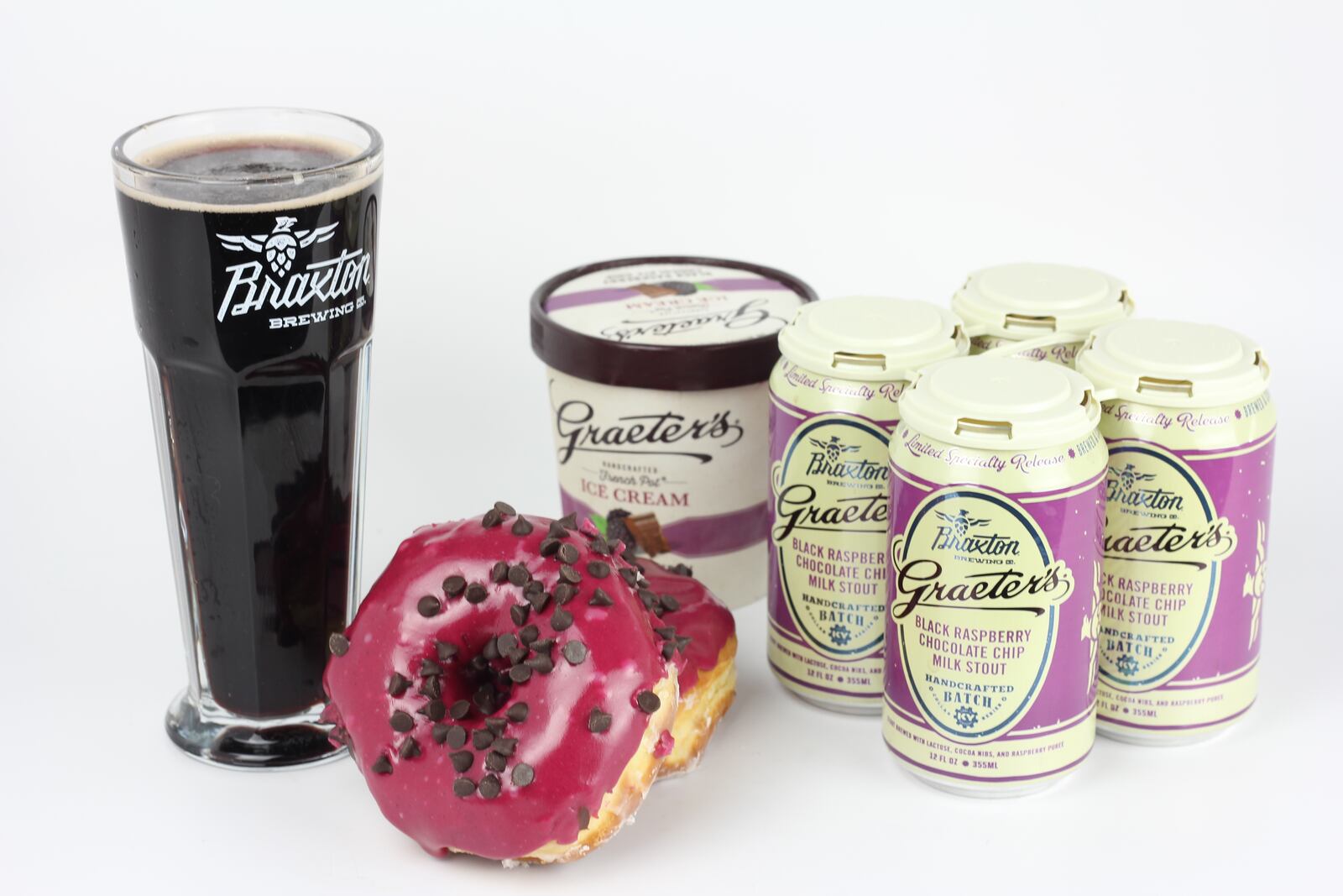 Graeter’s Ice Cream is  celebrating the relaunch Braxton Brewing Co.’s Black Raspberry Chocolate Chip Milk Stout by releasing its own variation on its popular ice cream flavor: a Black Raspberry Chocolate Chip donut. CONTRIBUTED