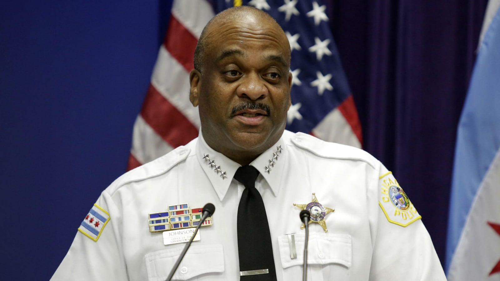 Chicago Police Superintendent Eddie Johnson speaks to the media in 2017. Johnson, 59, was found asleep at the wheel of his car shortly after midnight Thursday, Oct. 17, 2019. Mayor Lori Lightfoot said Johnson drank at dinner prior to the incident.