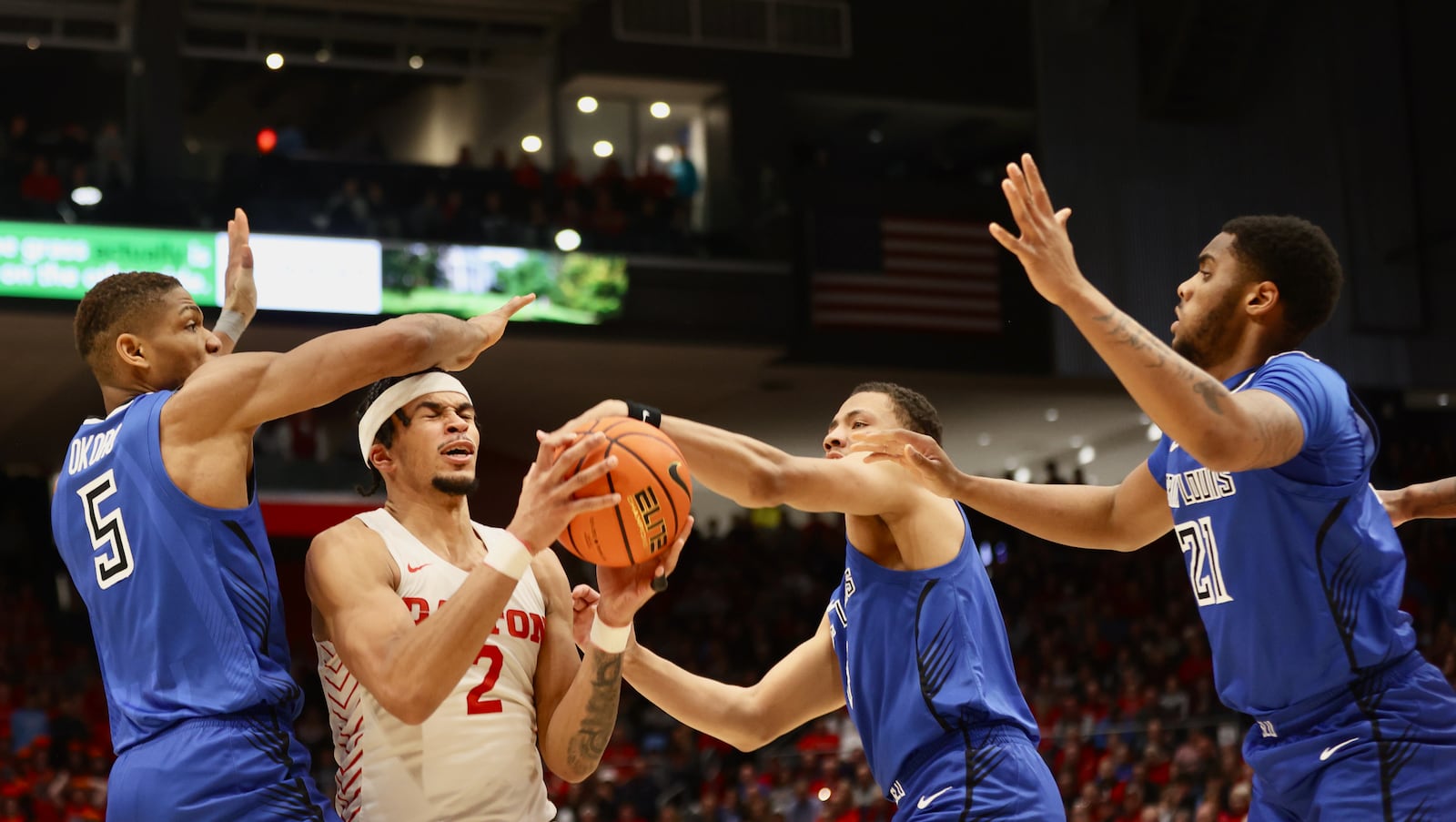 Dayton's Toumani Camara looks for a shot against Saint Louis on Friday, Feb. 10, 2023, at UD Arena. David Jablonski/Staff