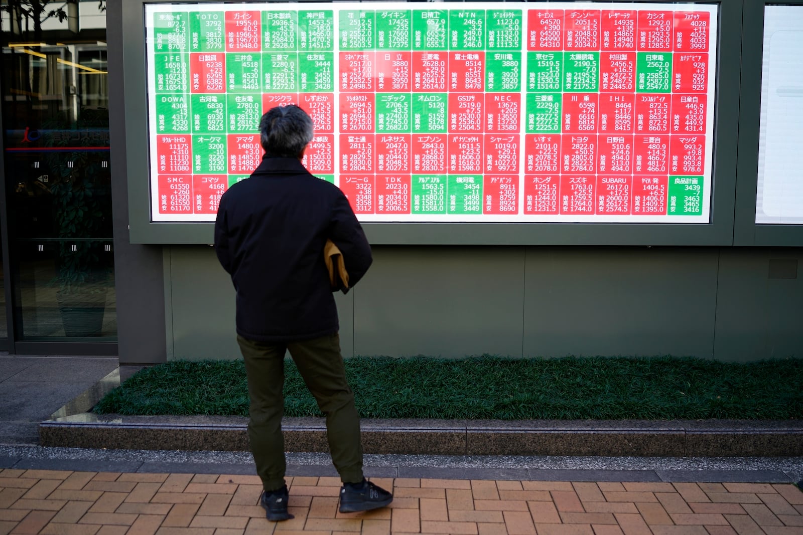 FILE - A person looks at an electronic stock board showing Japan's Nikkei index at a securities firm in Tokyo, Dec. 23, 2024. (AP Photo/Eugene Hoshiko, File)