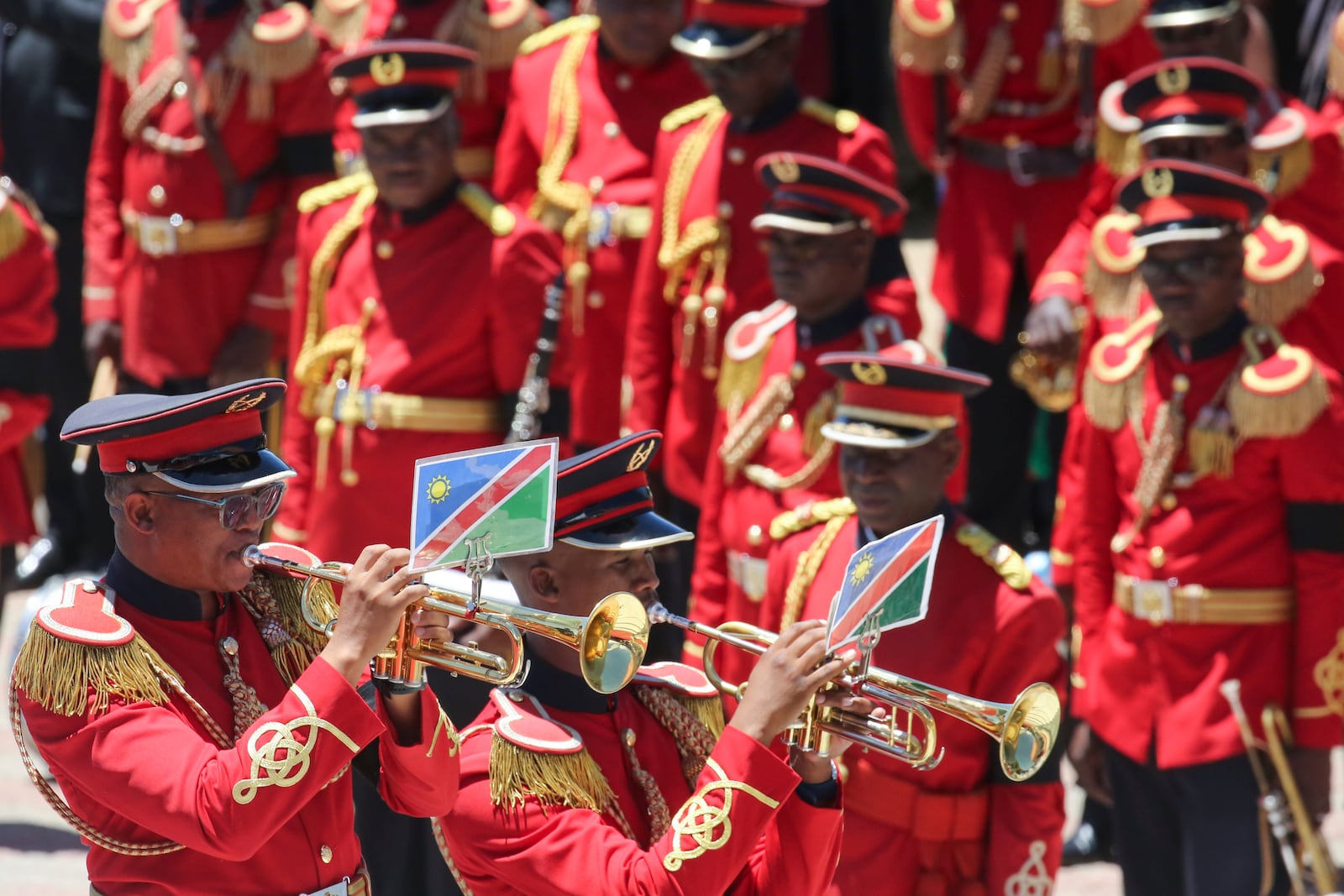 An Honour guard performs during the state funeral for Namibia's founding president Sam Nujoma at Heroes' Acre in Windhoek, Namibia, Saturday, March 1, 2025. (AP Photo/Dirk Heinrich)