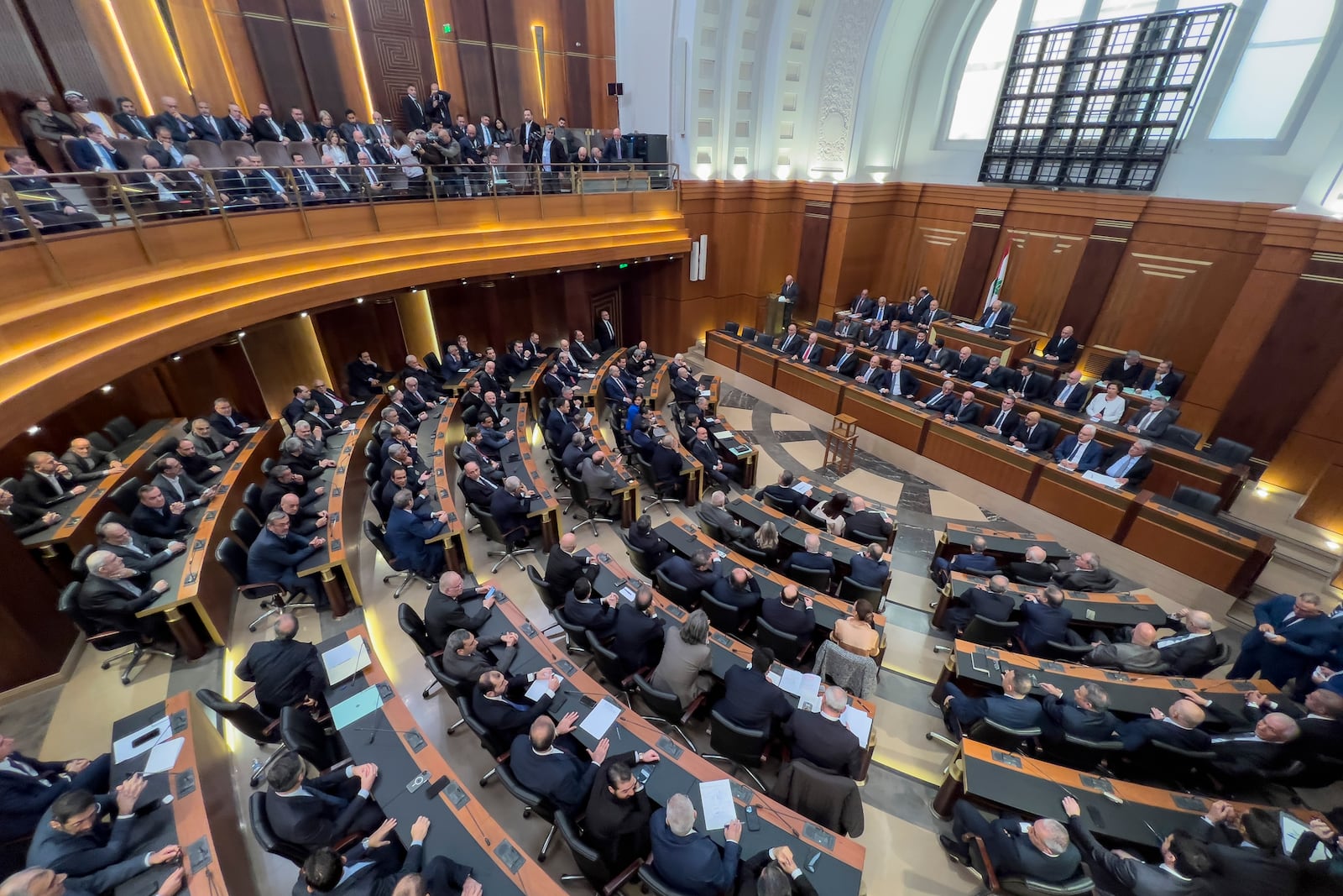 Lebanese lawmakers gather to elect a new president at the parliament building in downtown Beirut, Lebanon, Thursday, Jan. 9, 2025. (AP Photo/Hussein Malla)