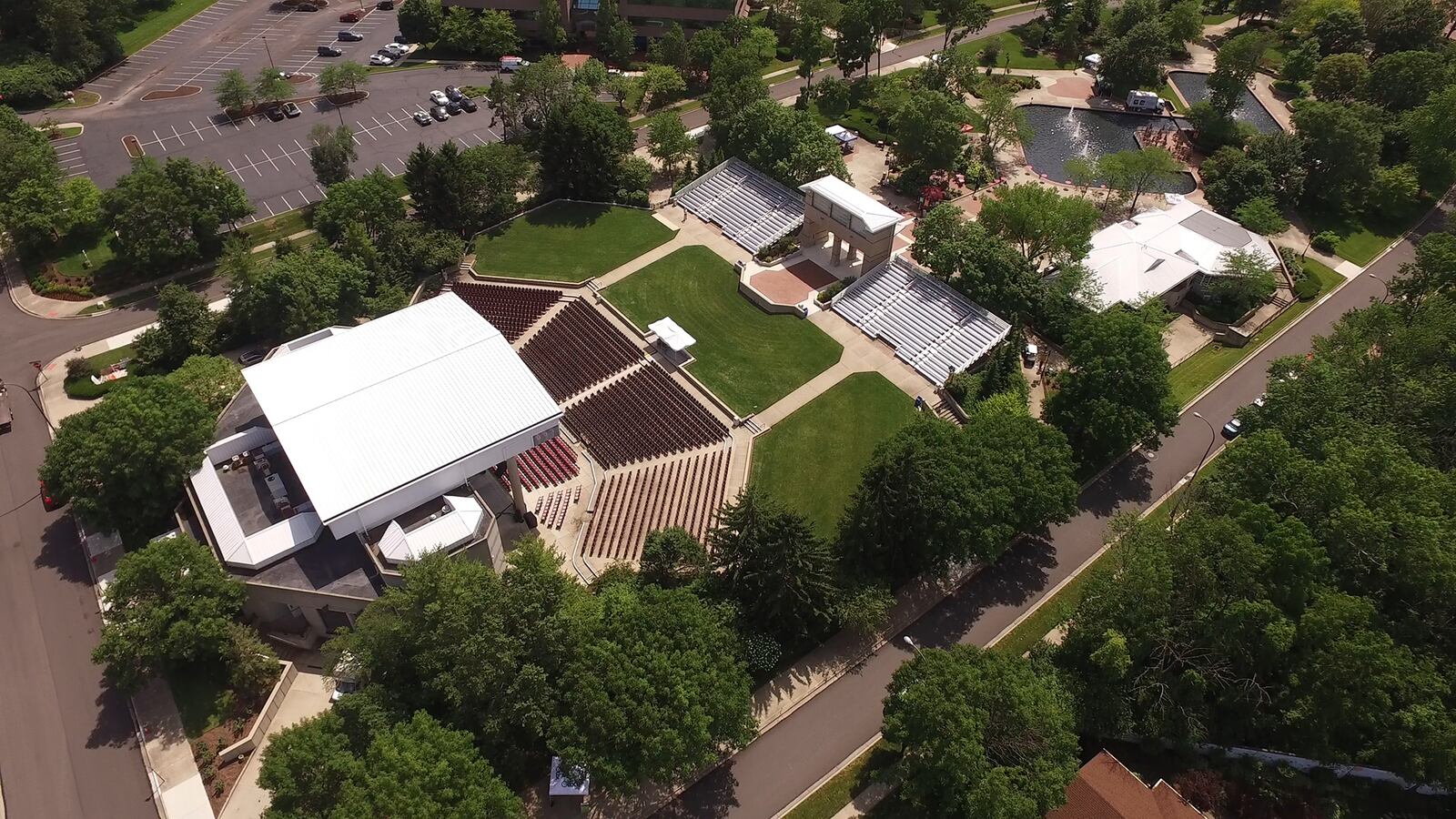 Aerial view of Fraze Pavilioin which was completed in 1991.  Hundreds of artists from Abba to ZZ Top have played at the amphitheater which cost $2.7 million to construct in Kettering's Lincoln Park.   TY GREENLEES / STAFF