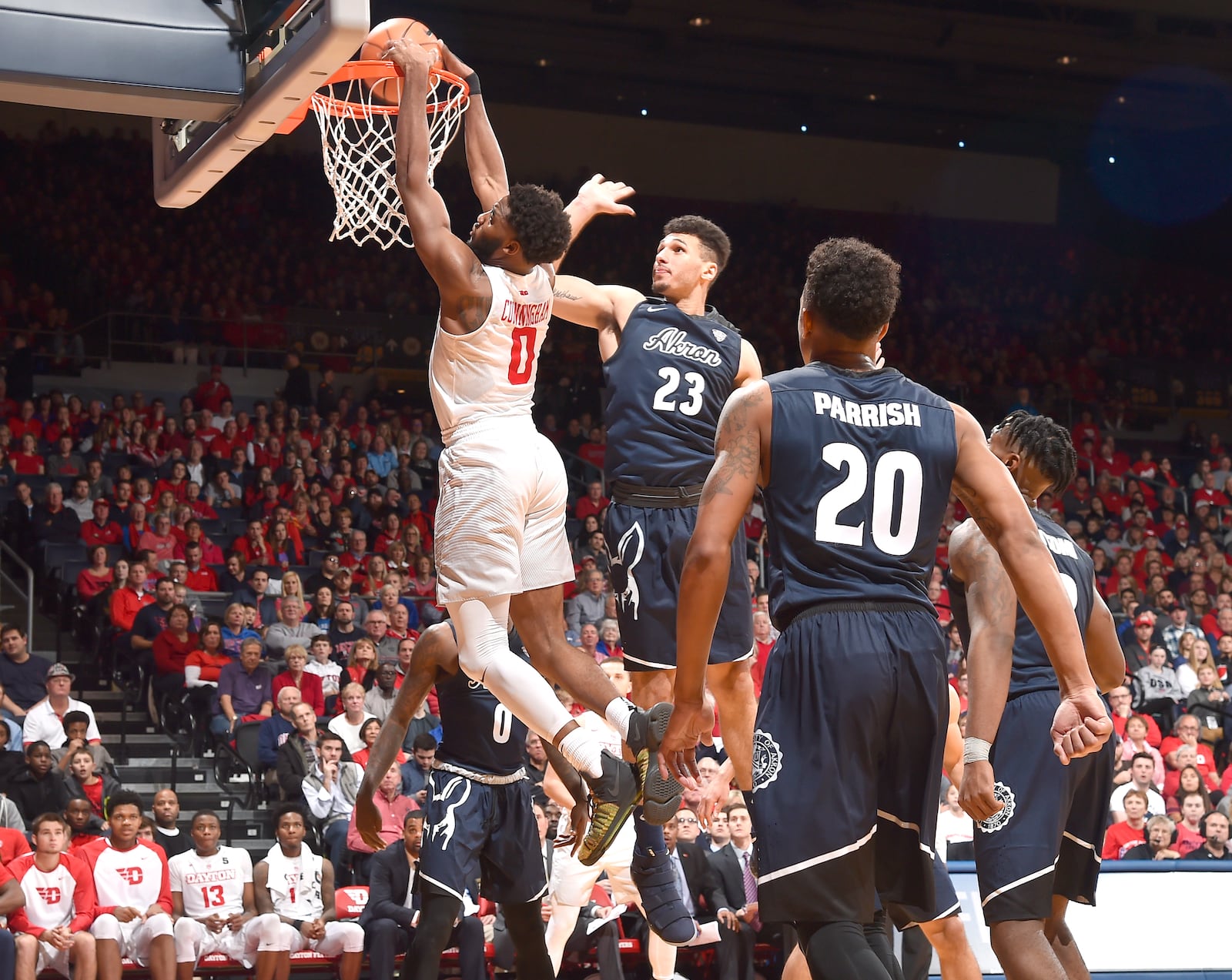 Dayton’s Josh Cunningham dunks over the Akron defense at UD Arena on Saturday, Nov. 25, 2017. The Flyers soared past Akron 73-60 Erik Schelkun/CONTRIBUTED