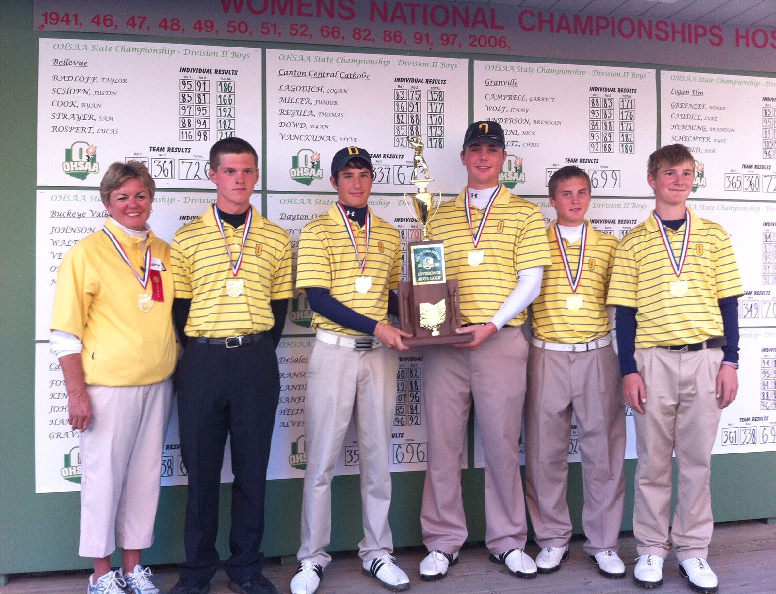 The Oakwood boys golf team won its second straight Division II state golf championship in 2010. Team members (from left): Coach Jen Lohmeyer, Alex Marquis, Adam Bogdan, Corey Weckerling, Tripp French and Jack Kegelmeyer. CONTRIBUTED