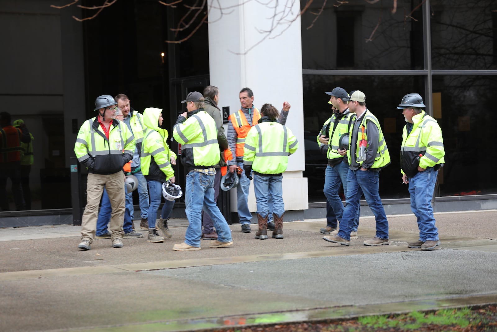 Construction and other workers who support Scout Motors gather outside an office building at the South Carolina Statehouse on Wednesday, Feb. 12, 2025, in Columbia, S.C. (AP Photo/Jeffrey Collins)