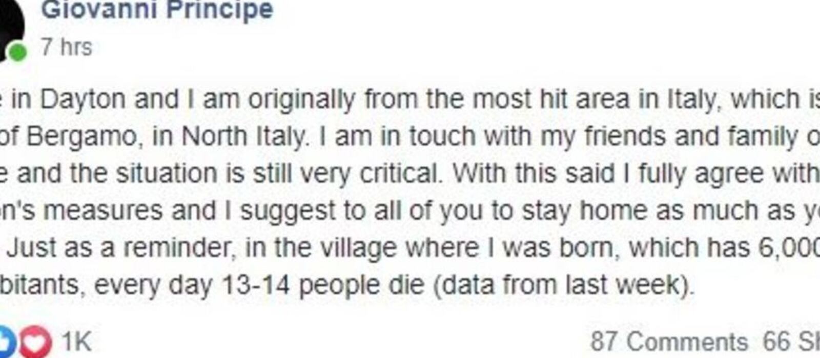 Giovanni Principe Facebook post, offering a suggestion about the response to the coronavirus. (Courtesy/Giovanni Principe)