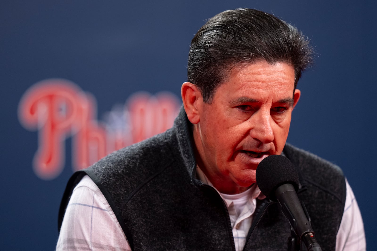 Philadelphia Phillies manager Rob Thomson speaks to the media during end of the season news conference, Tuesday, Oct. 15, 2024, in Philadelphia. (AP Photo/Chris Szagola)