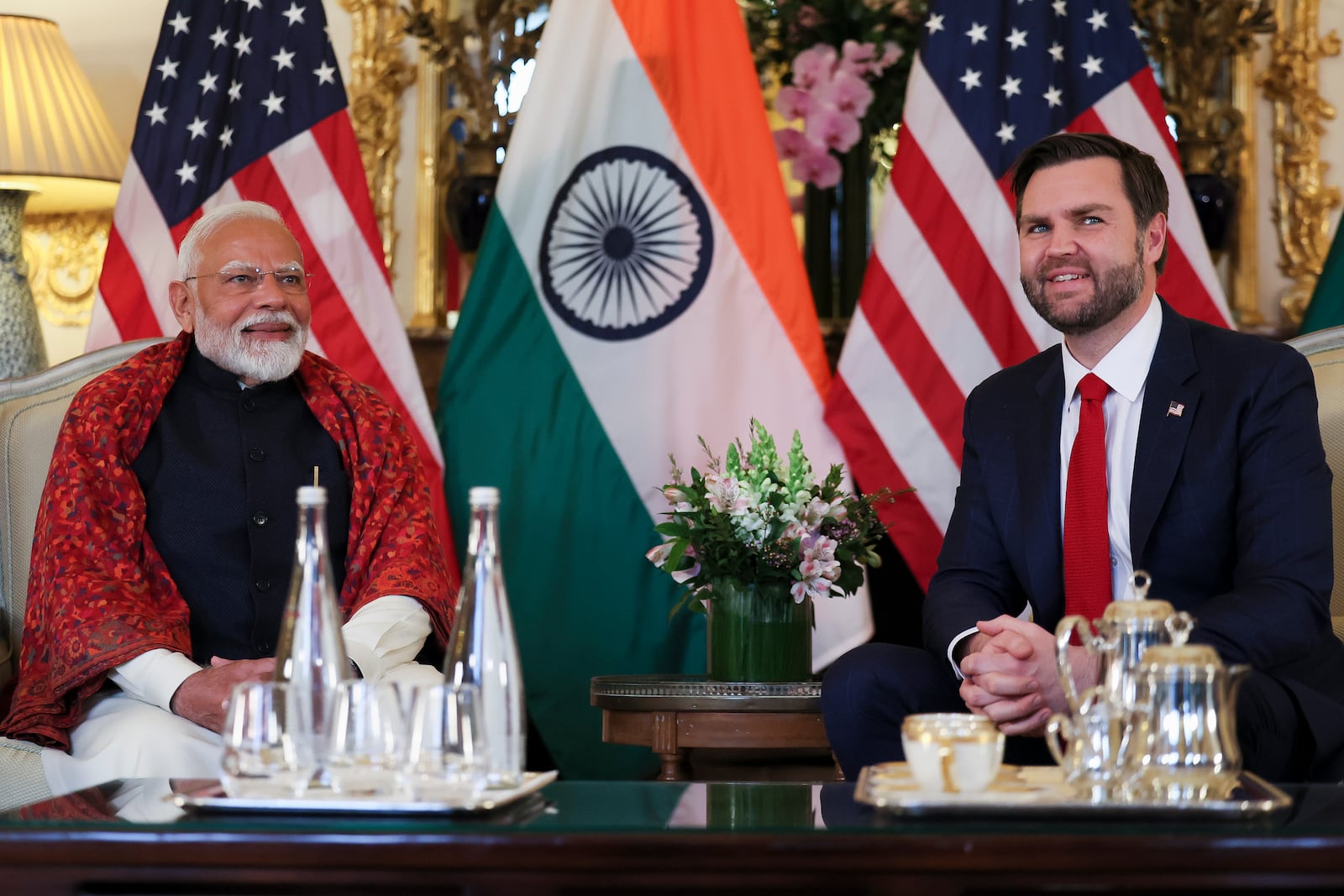 U.S. Vice President JD Vance ,right, and Indian Prime Minister Narendra Modi attend a bilateral meeting at the residence of the U.S. Ambassador, on the sidelines of the Artificial Intelligence Action Summit in Paris, Tuesday Feb. 11, 2025. (Leah Millis/Pool via AP)