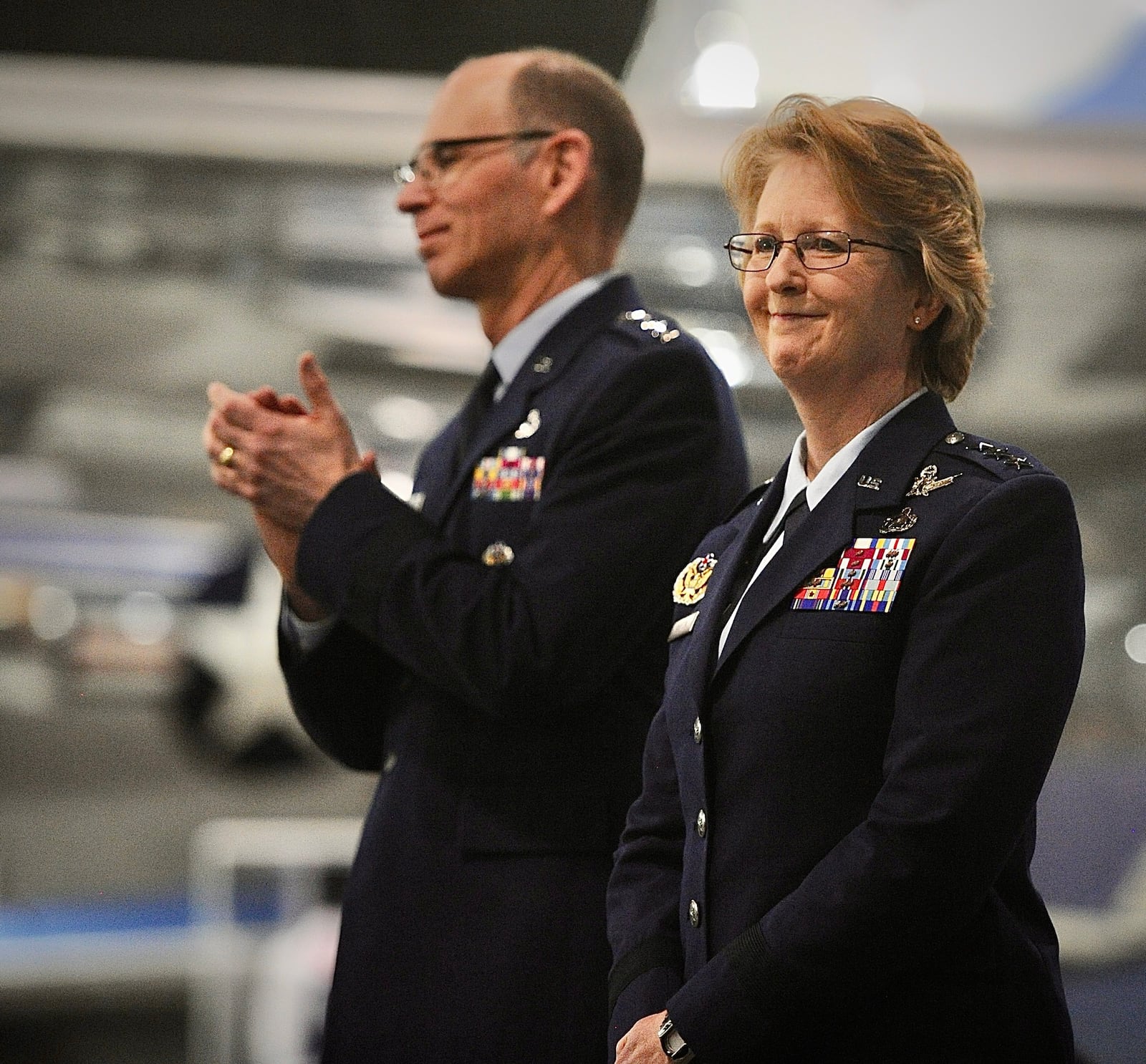 Gen. Duke Z. Richardson, left, applauds for Lt. Gen. Donna Shipton after she assumed command Wednesday, Jan. 17, 2024, of the Air Force Life Cycle Management Center. The ceremony was held at the Museum of the United States Air Force. MARSHALL GORBY \STAFF