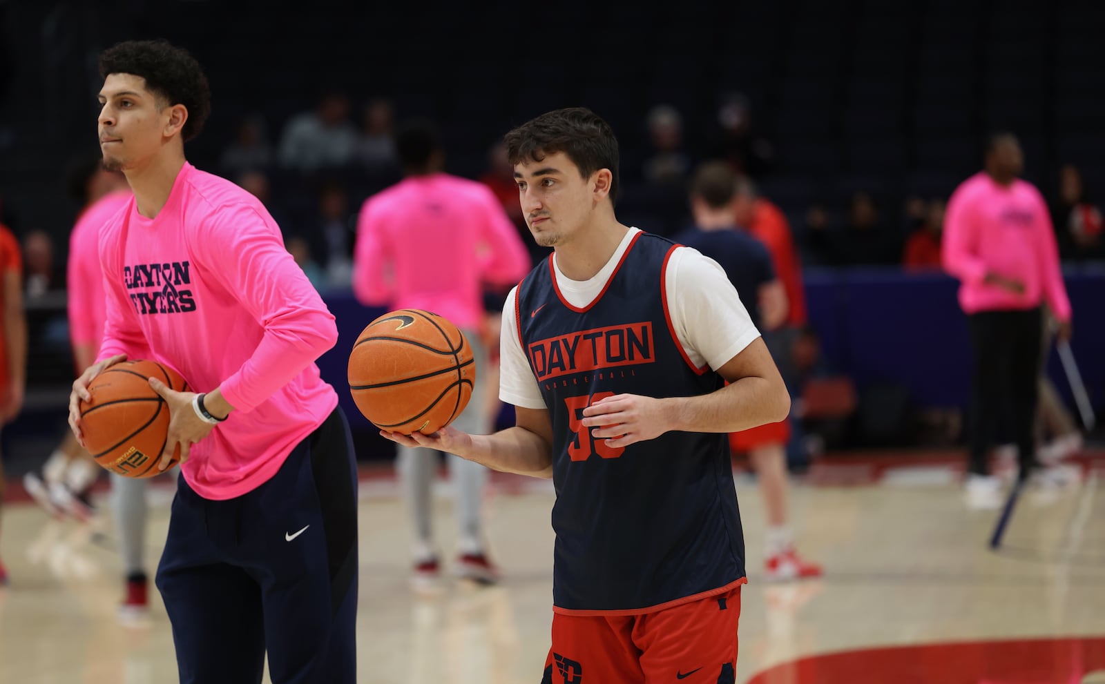 Dayton's Cole Hatkevich warms up before the Red & Blue Game on Saturday, Oct. 15, 2022, at UD Arena. David Jablonski/Staff