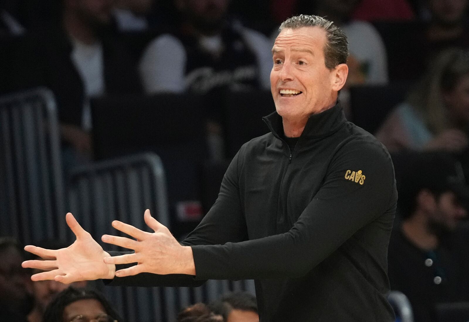 Cleveland Cavaliers head coach Kenny Atkinson watches during the first half of an NBA basketball game against the Miami Heat, Wednesday, Jan. 29, 2025, in Miami. (AP Photo/Lynne Sladky)