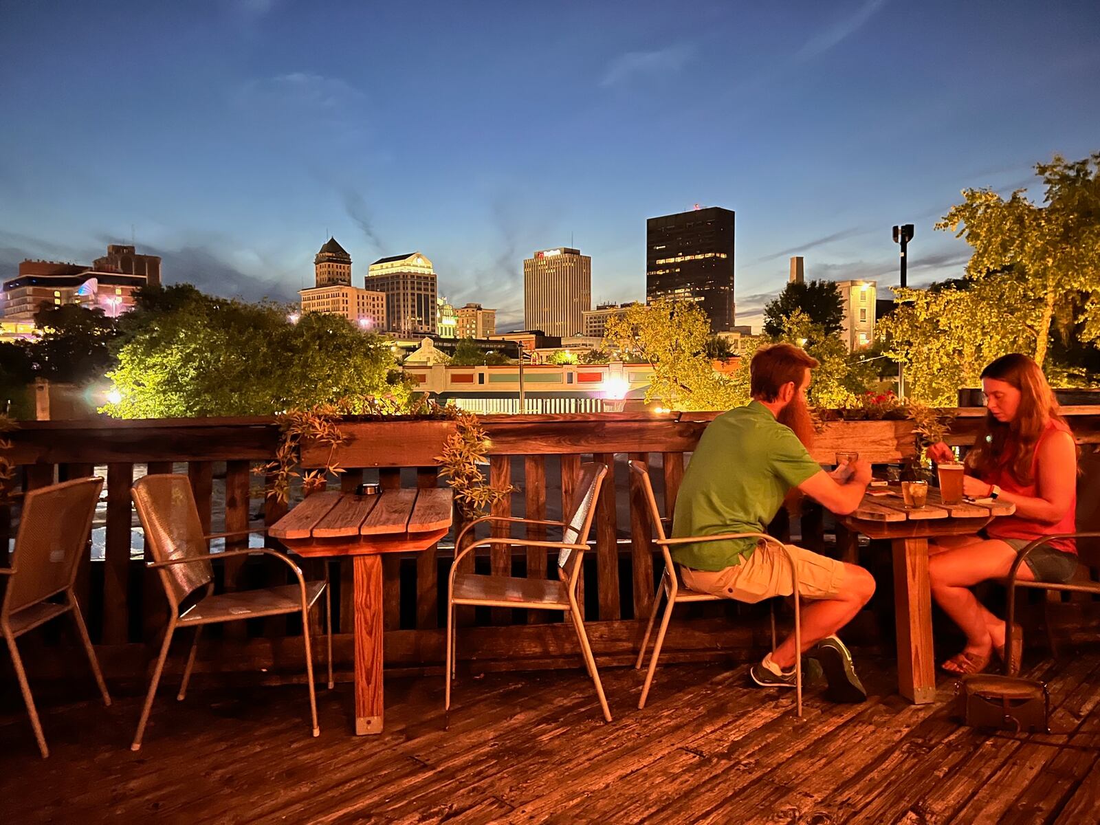 A view of the downtown Dayton skyline from the patio at Oregon Express. 