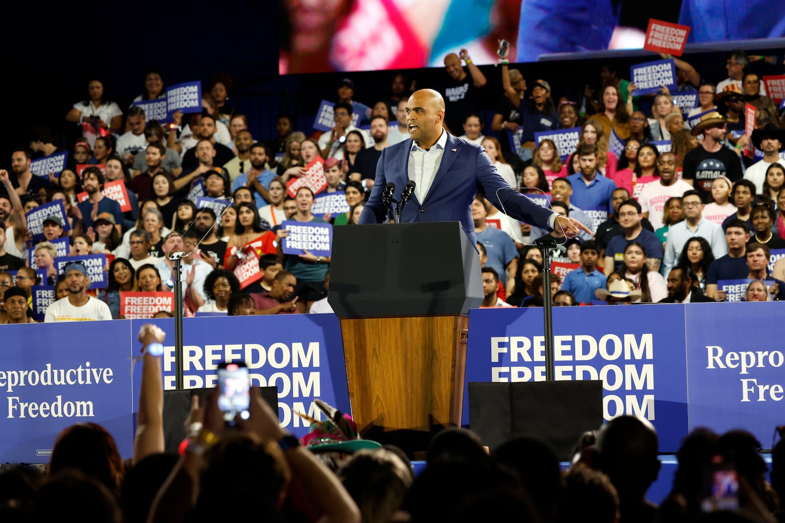 Democratic Rep. Colin Allred speaks at a campaign rally for Democratic presidential nominee Vice President Kamala Harris, Friday, Oct. 25, 2024, in Houston. (AP Photo/Annie Mulligan)