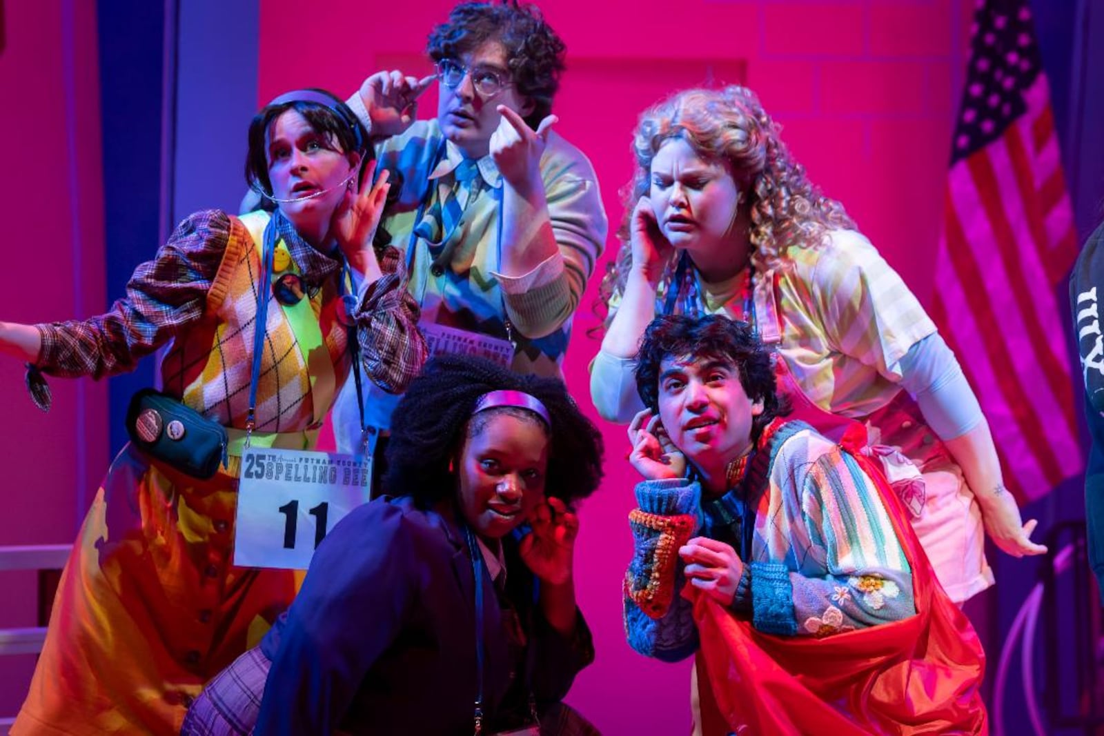 From Left to Right Top, then Left to Right bottom: Sara Ashleigh Tuohy (Logainne Schwartzandgrubenniere), James Newton (William Barfee), Sam Evans (Olive Ostrovsky), Amirah Musa (Marcy Park), and Andres Martinez (Leaf Coneybear) in Wright State Univeristy's production of "The 25th Annual Putnam County Spelling Bee." PHOTO BY ERIN PENCE