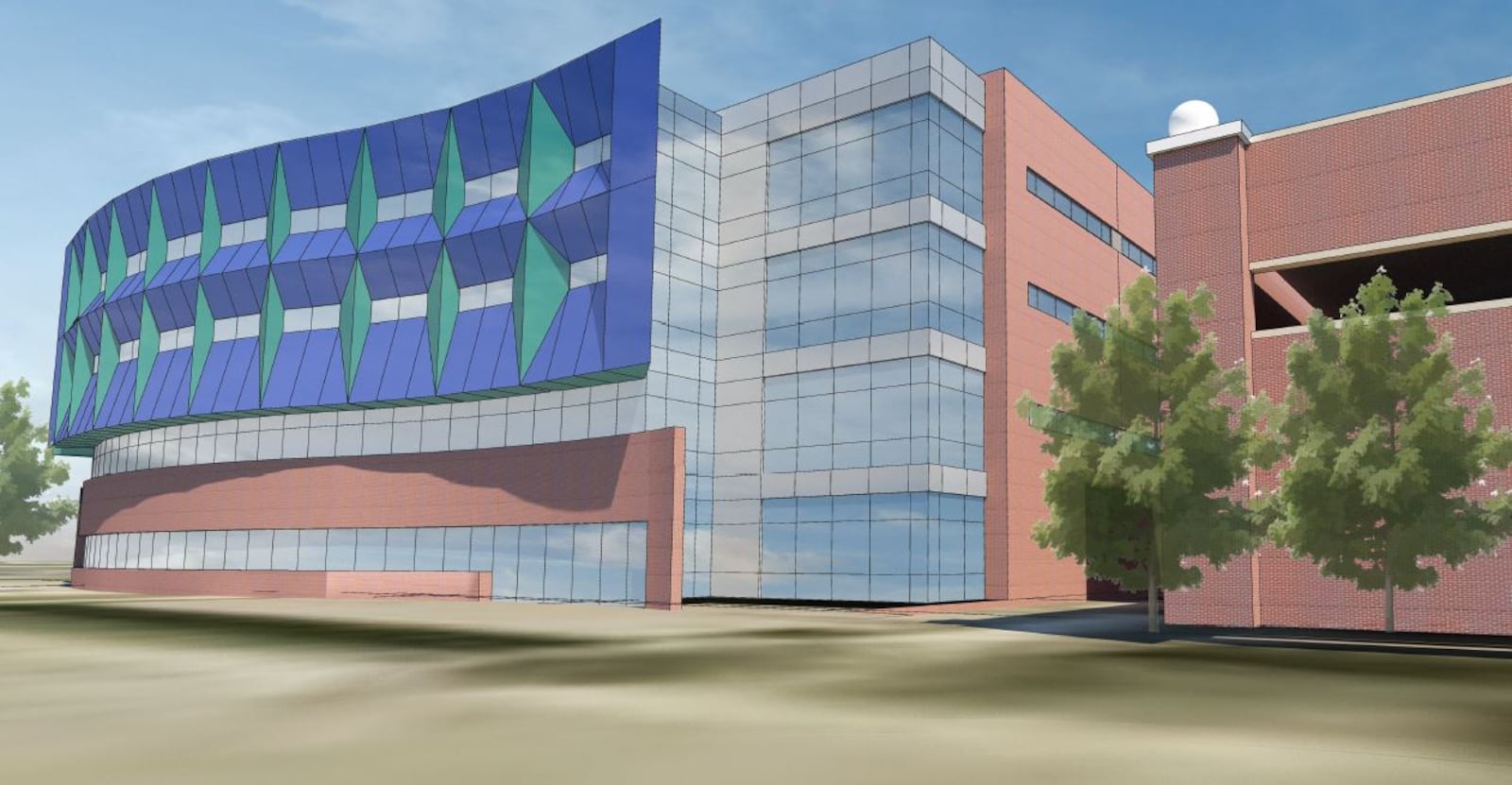 A rendering submitted to the city of Dayton shows the proposed five-story outpatient center that Dayton Children’s Hospital. CONTRIBUTED