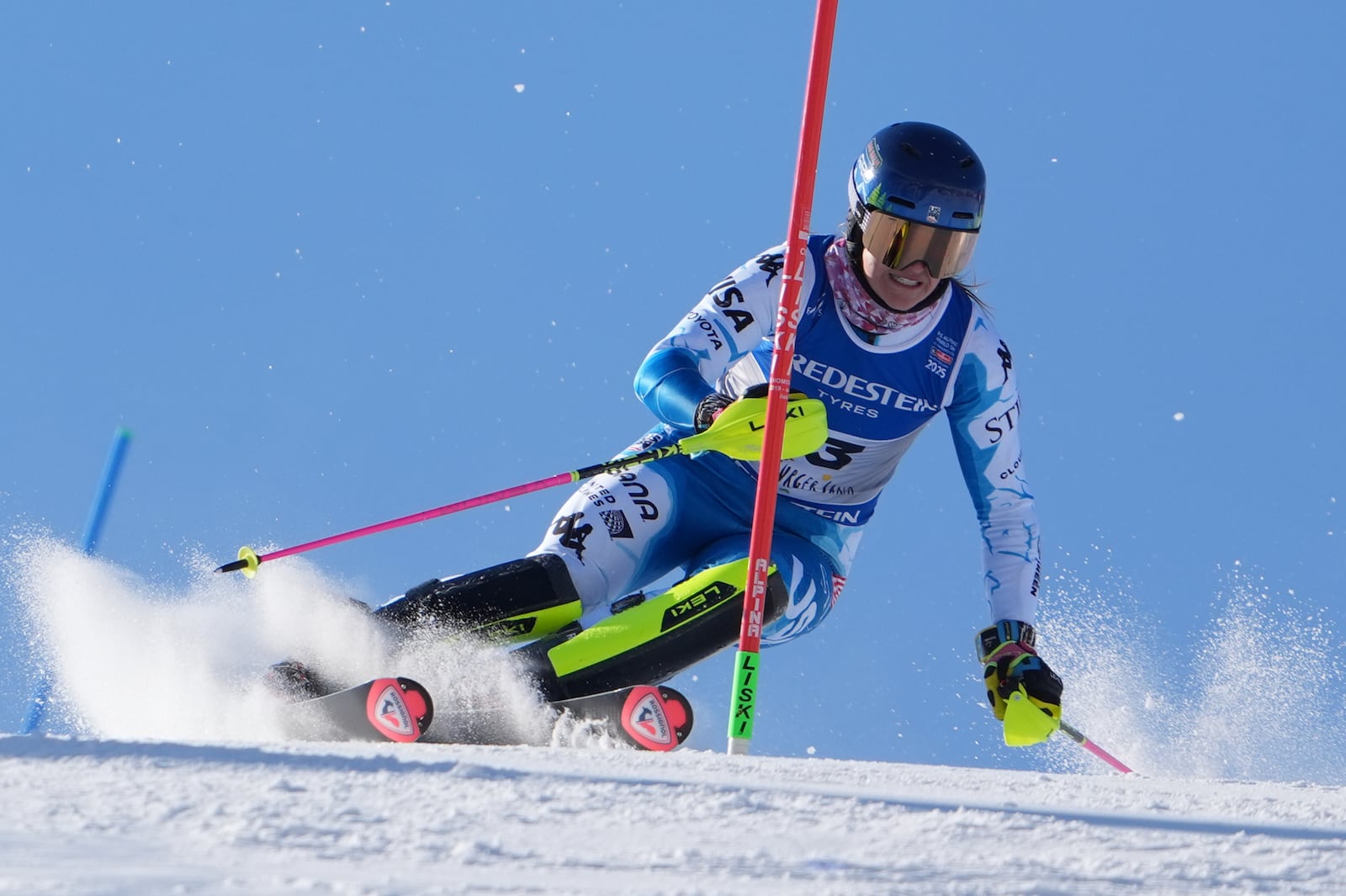 United States' Paula Moltzan competes in a women's slalom, at the Alpine Ski World Championships, in Saalbach-Hinterglemm, Austria, Saturday, Feb. 15, 2025. (AP Photo/Giovanni Auletta)