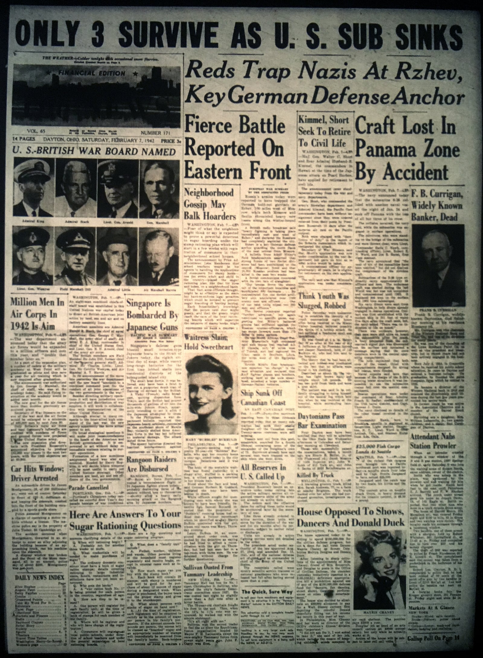 Feb. 7, 1942 Dayton Daily News front page.