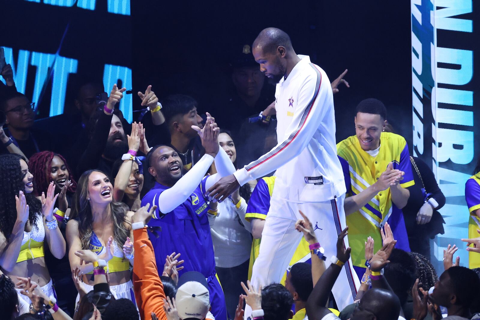 Phoenix Suns forward Kevin Durant is introduced during the NBA All-Star basketball game Sunday, Feb. 16, 2025, in San Francisco. (AP Photo/Jed Jacobsohn)