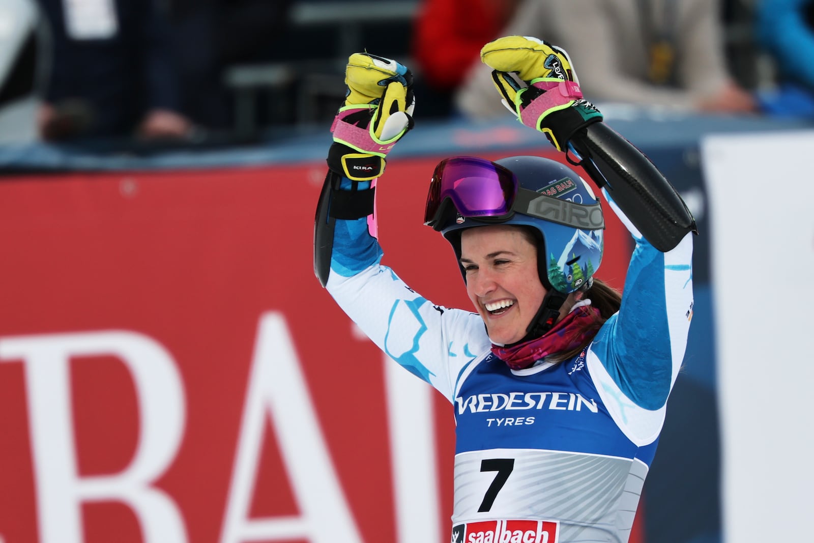 United States' Paula Moltzan celebrates at the finish area of a women's giant slalom, at the Alpine Ski World Championships, in Saalbach-Hinterglemm, Austria, Thursday, Feb. 13, 2025. (AP Photo/Marco Trovati)