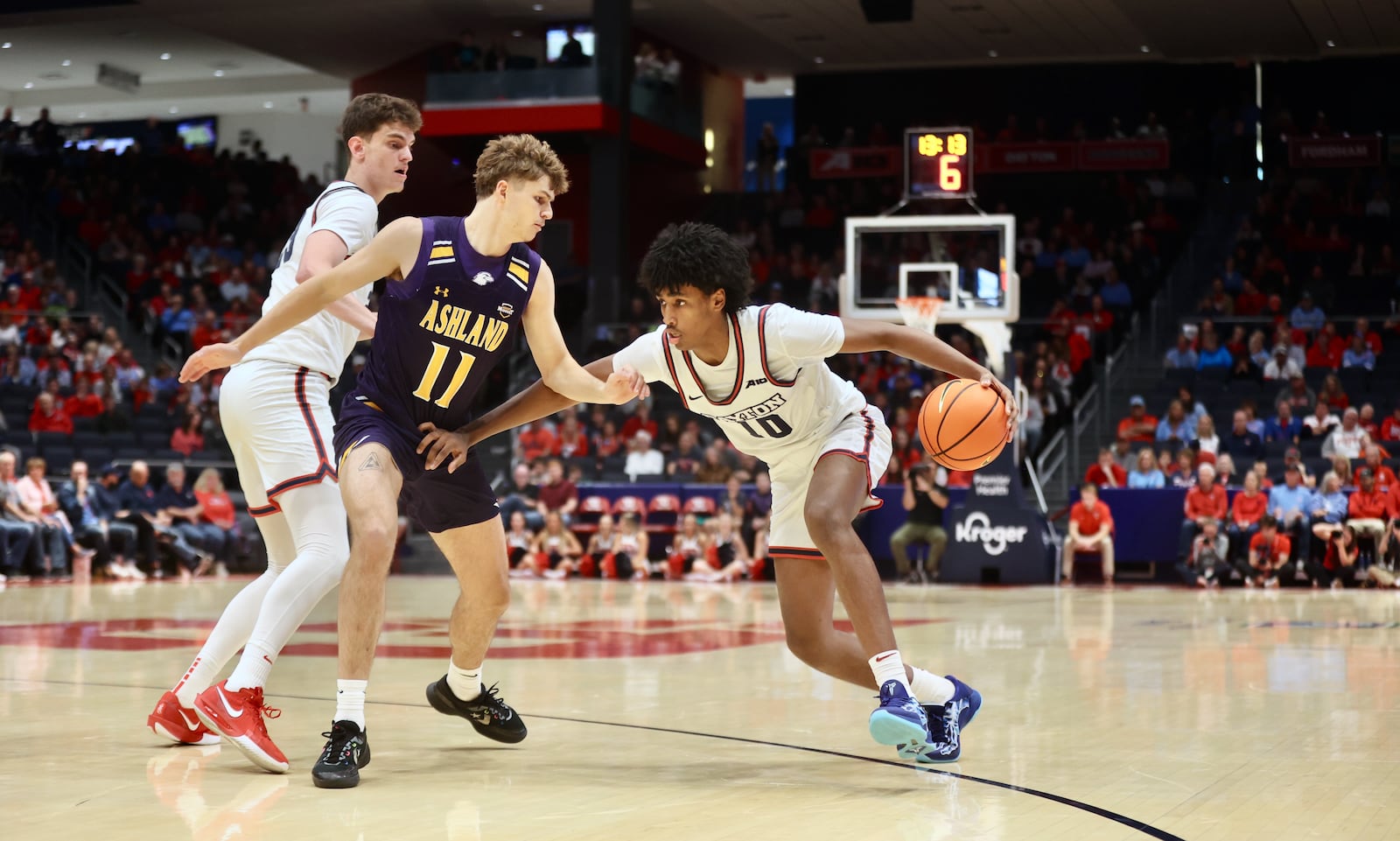 Dayton's Hamad Mousa dribbles against Ashland in an exhibition game on Saturday, Oct. 26, 2024, at UD Arena. David Jablonski/Staff