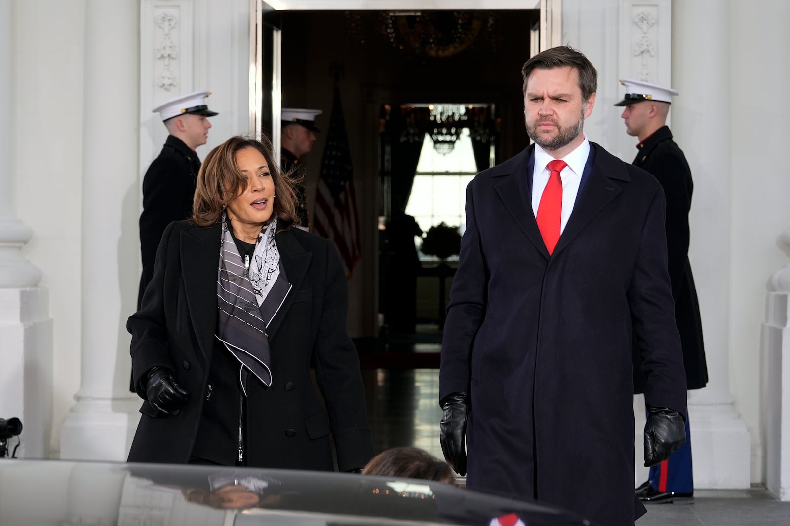 Vice President Kamala Vance and Vice President-elect JD Vance walk out to their motorcade vehicles as they depart the White House, Monday, Jan. 20, 2025, in Washington, enroute to the Capitol. (AP Photo/Alex Brandon)