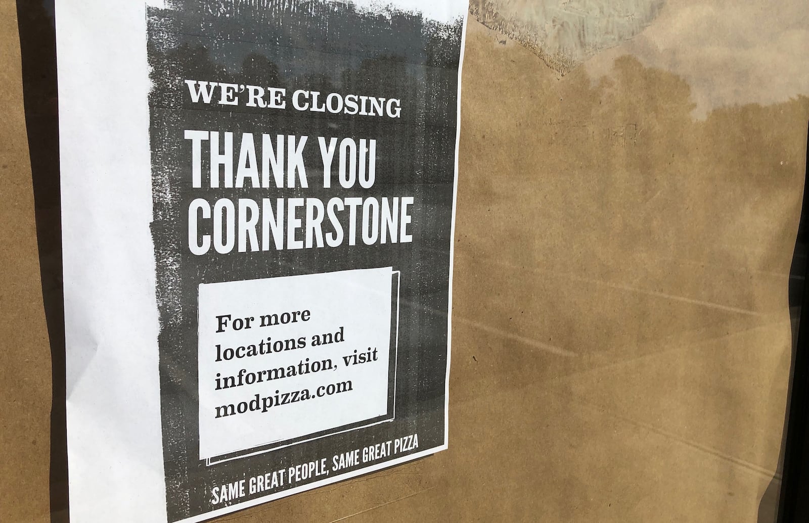 The MOD Pizza restaurant at the Cornerstone of Centerville development shut down on Saturday, Sept. 14, 2019.