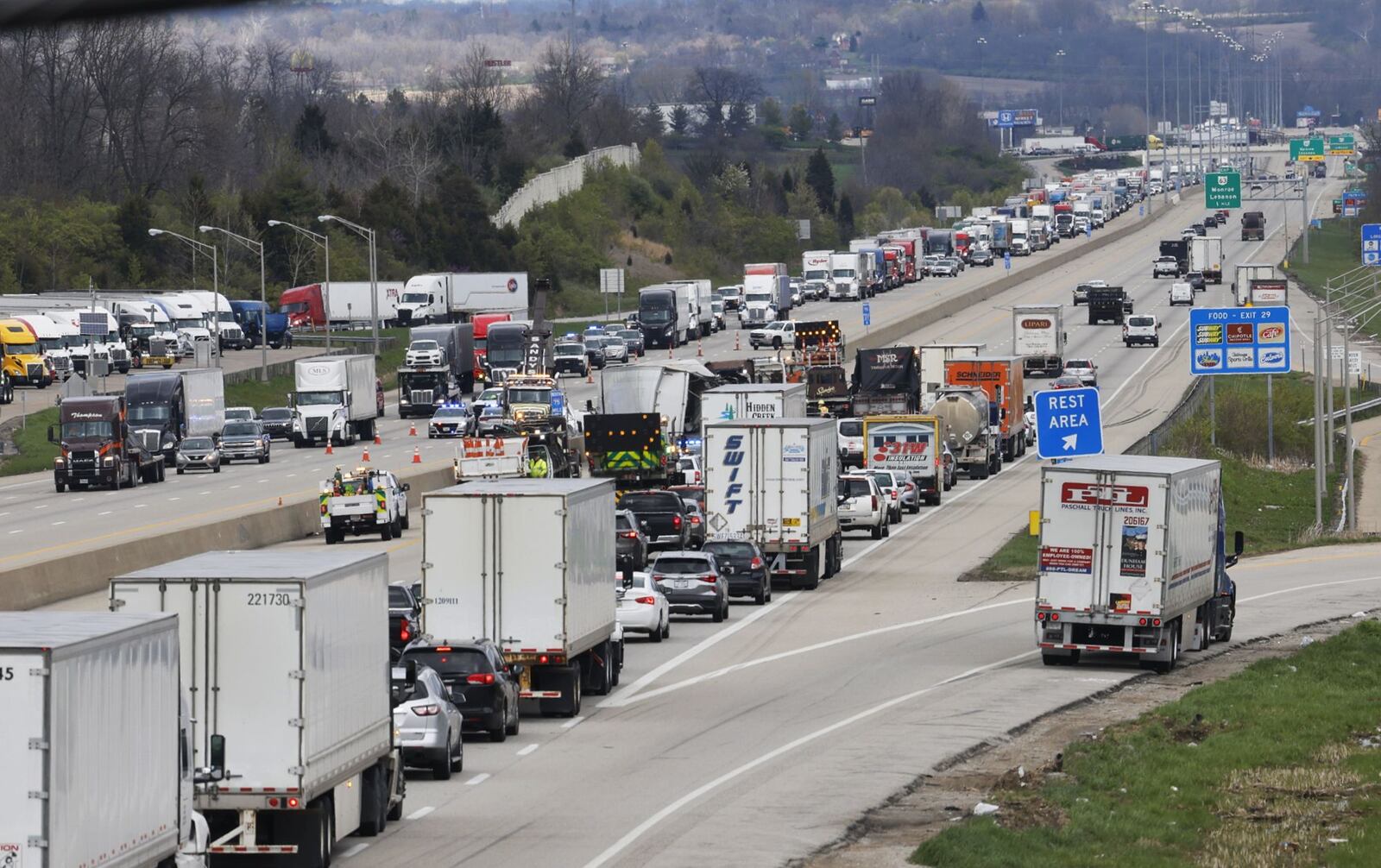 Several hours after a crash of two semi-tractor trailers on Interstate 75 in Butler County on Tuesday, traffic remained backed up about a mile in both directions. NICK GRAHAM/STAFF